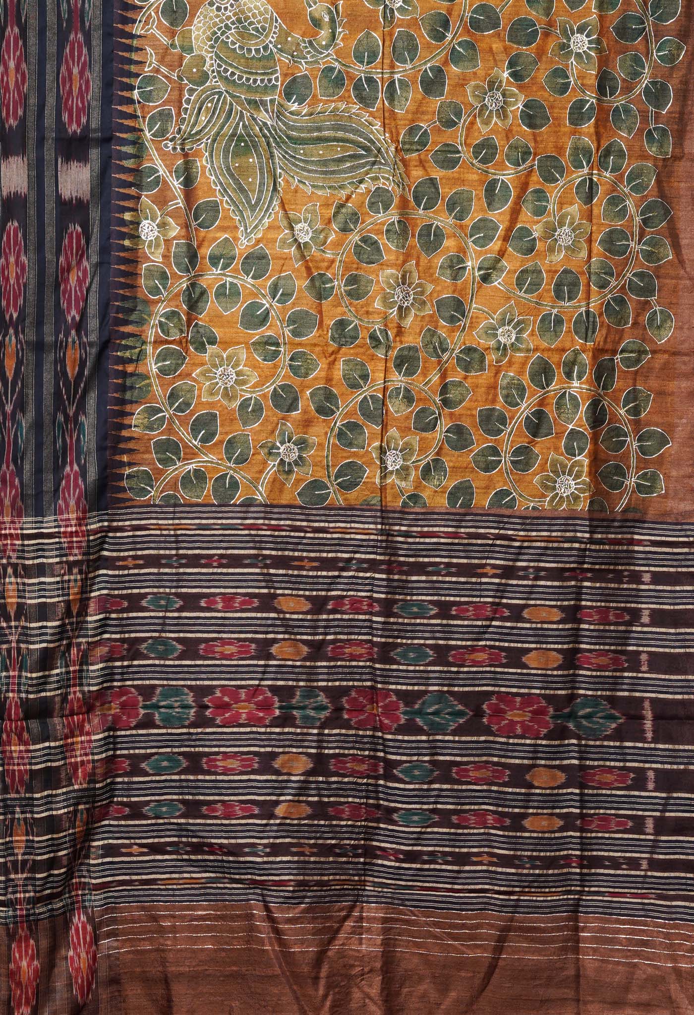 Yellow Pure Handloom Block Printed With Embroidery Work Vidarbha Tussar Silk Saree