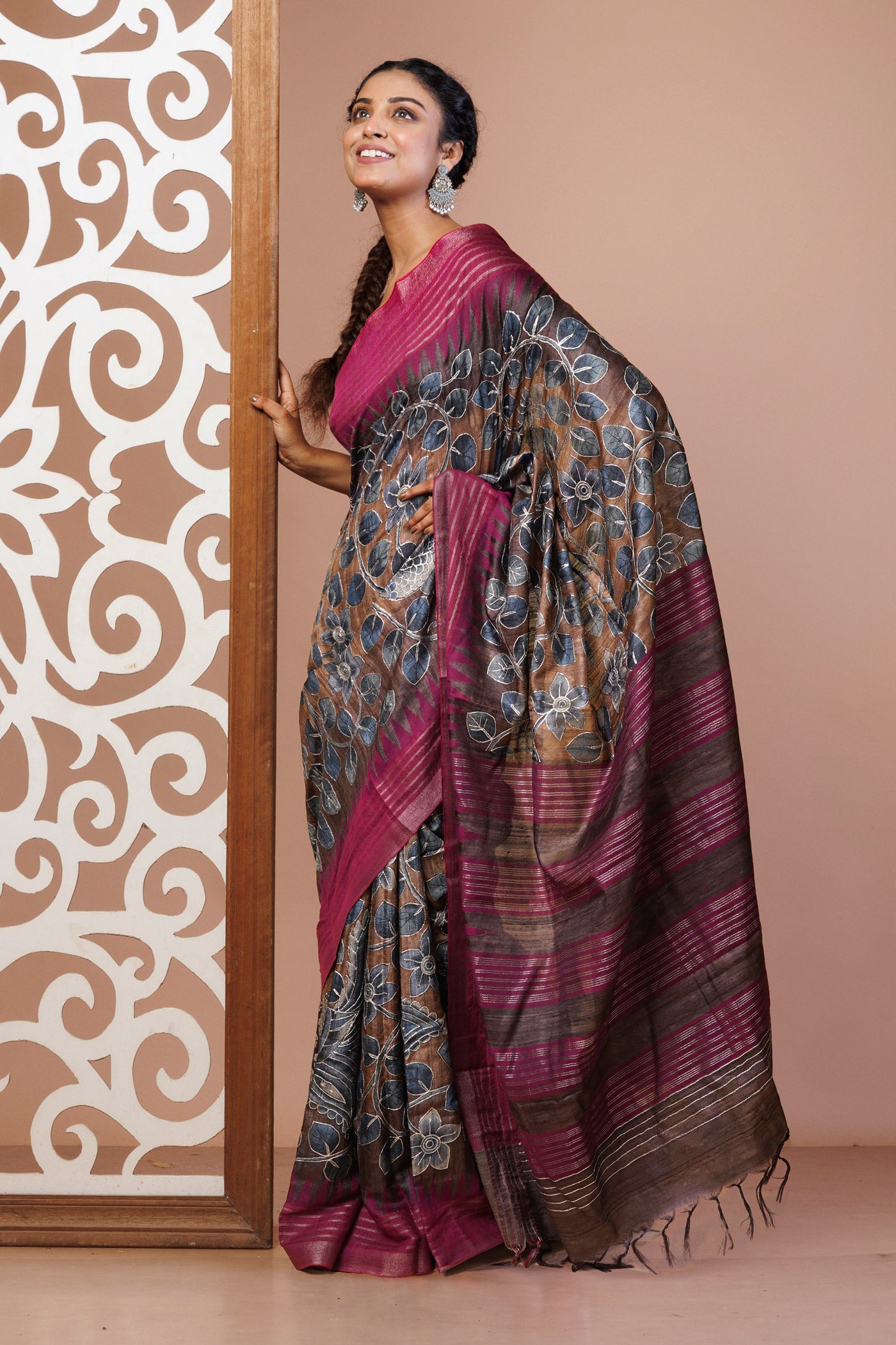 Brown Pure Handloom Block Printed With Embroidery Work Vidarbha Tussar Silk Saree