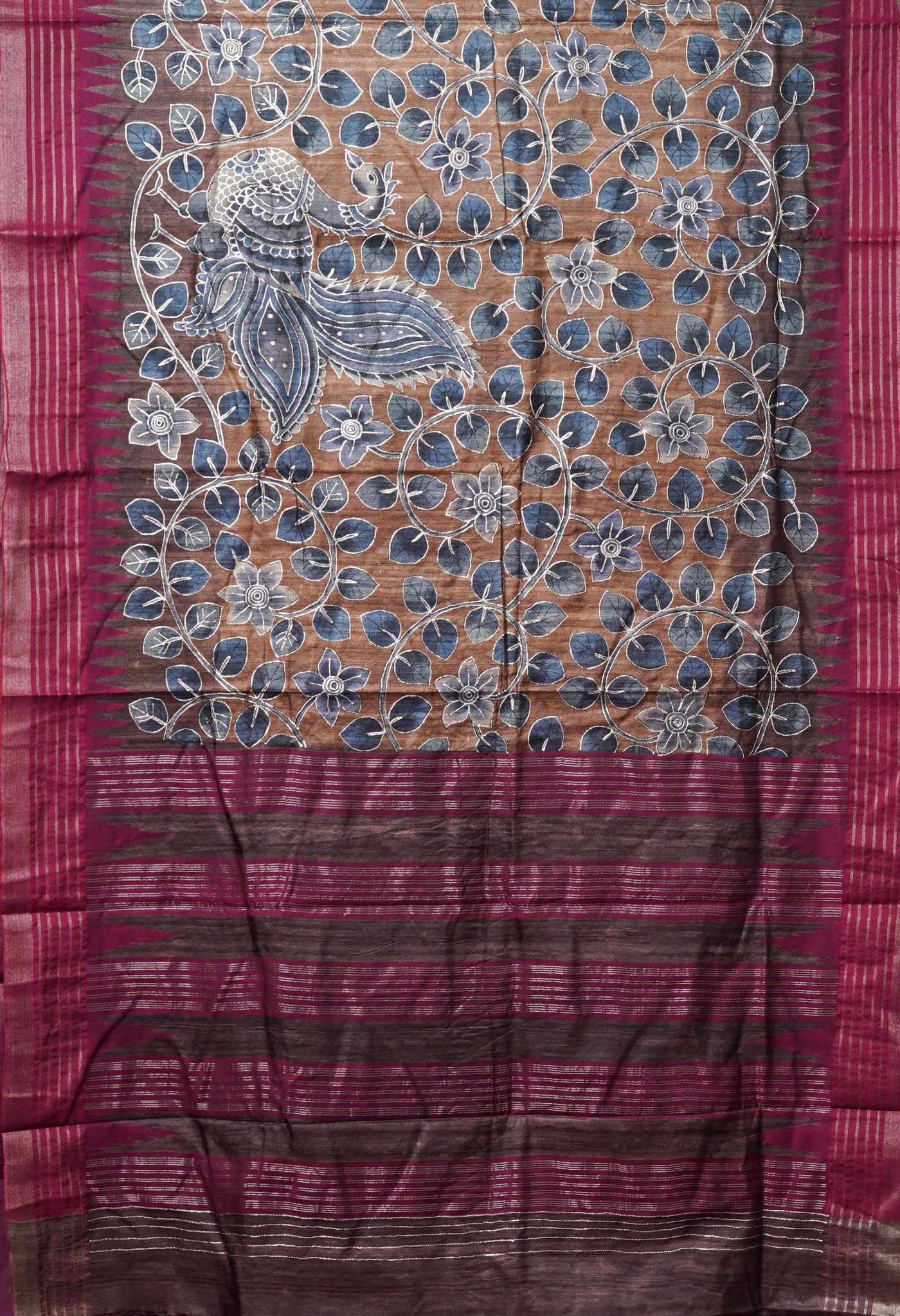 Brown Pure Handloom Block Printed With Embroidery Work Vidarbha Tussar Silk Saree