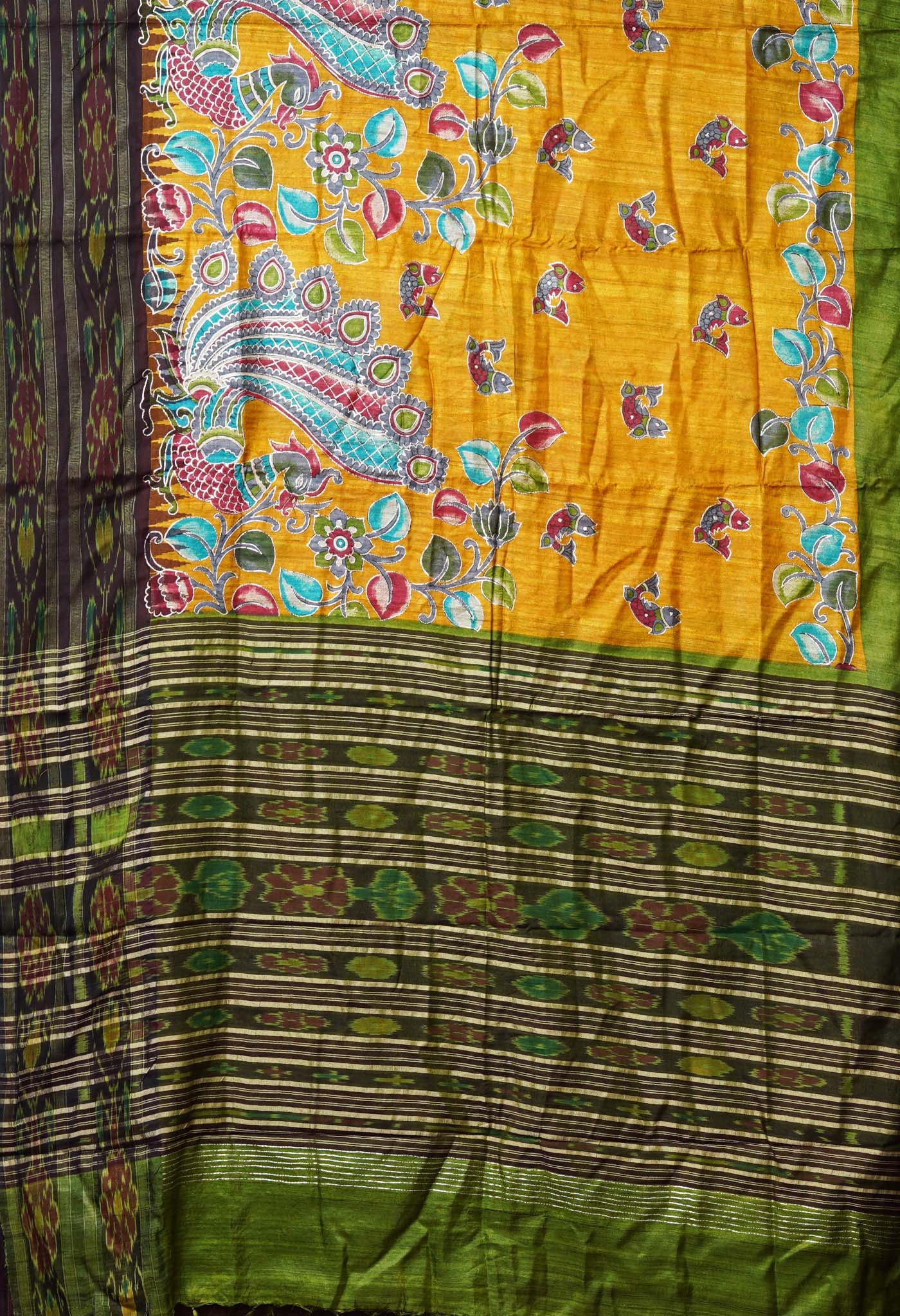 Yellow Pure Handloom Block Printed With Embroidery Work Vidarbha Tussar Silk Saree