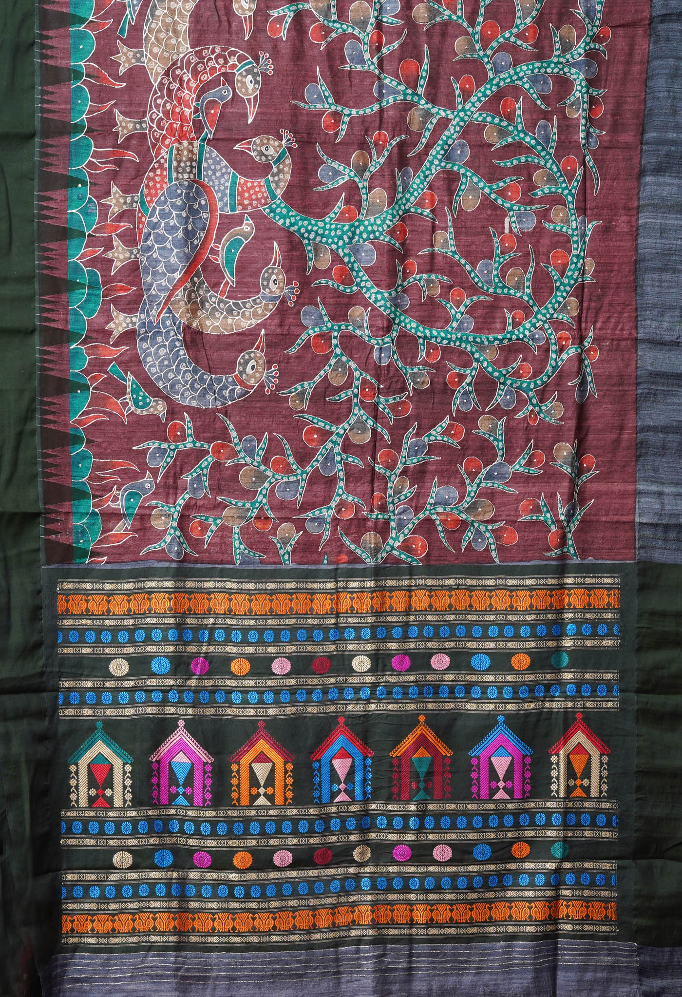 Burgundy Pure Handloom Block Printed With Embroidery Work Vidarbha Tussar Silk Saree