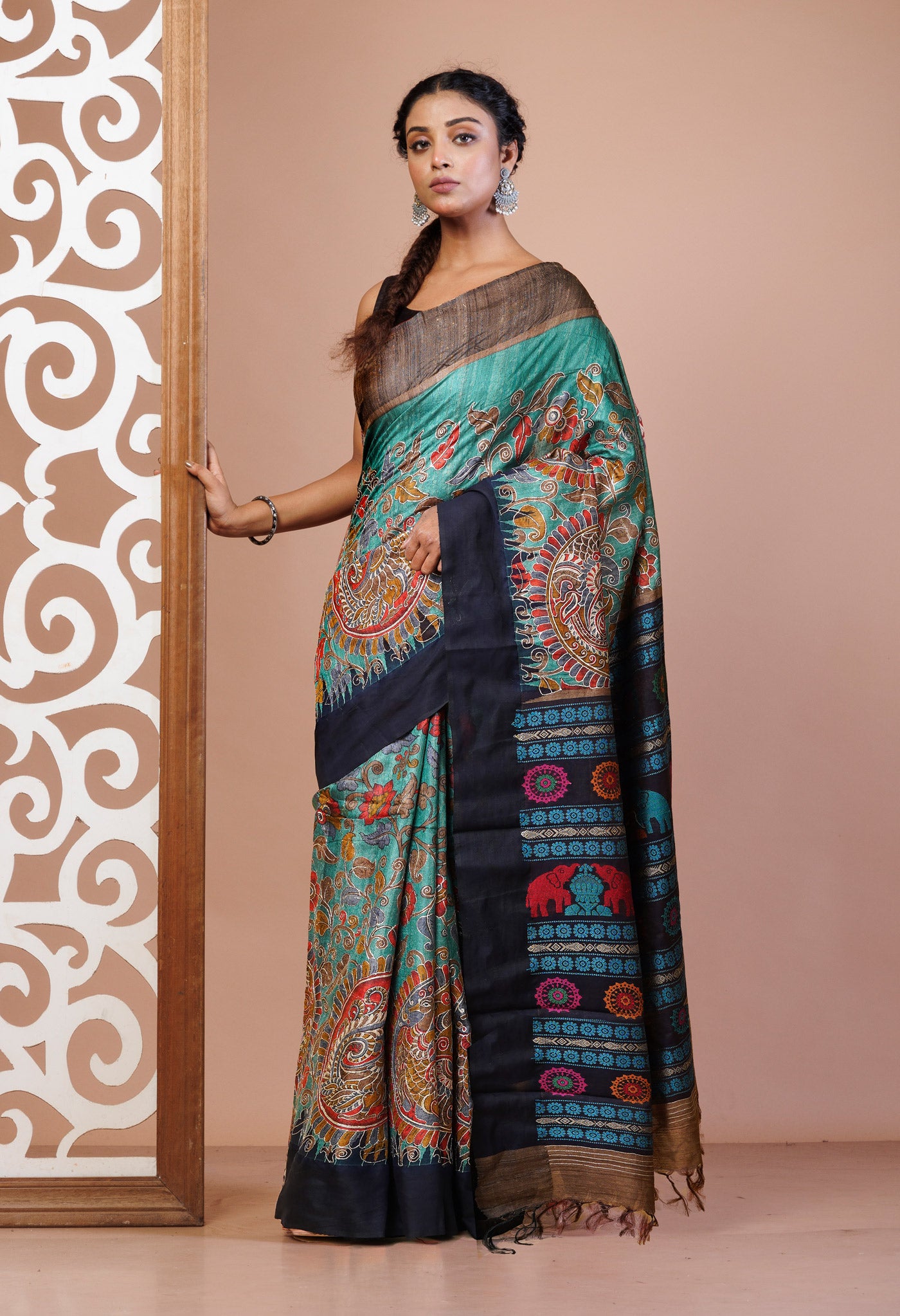 Turquoise Green Pure Handloom Block Printed With Embroidery Work Vidarbha Tussar Silk Saree