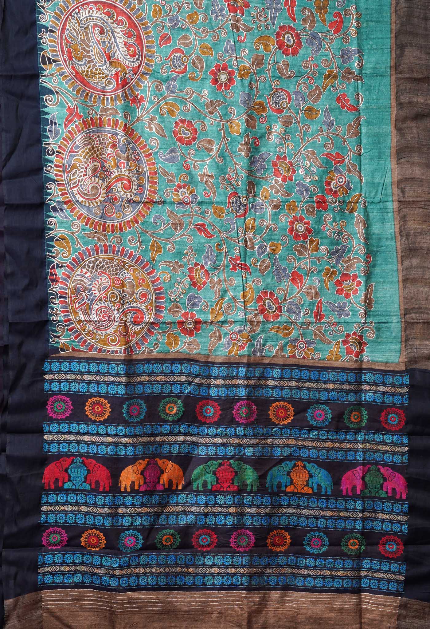 Turquoise Green Pure Handloom Block Printed With Embroidery Work Vidarbha Tussar Silk Saree