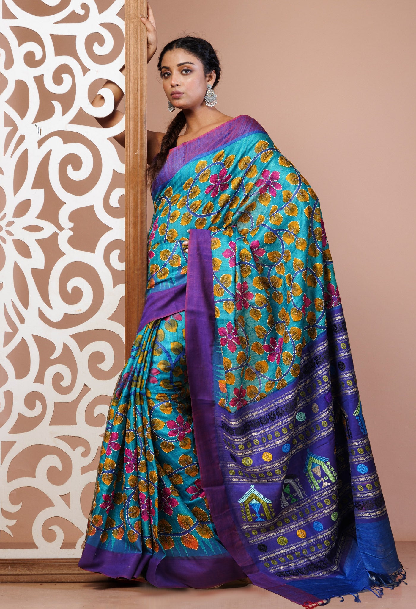 Blue Pure Handloom Block Printed With Kantha Work Vidarbha Tussar Silk Saree