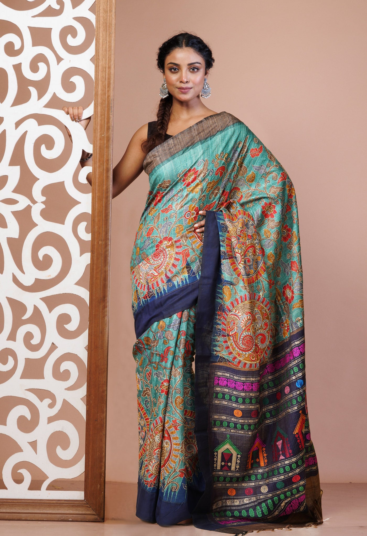 Turquoise Green Pure Handloom Block Printed With Kantha Work Vidarbha Tussar Silk Saree