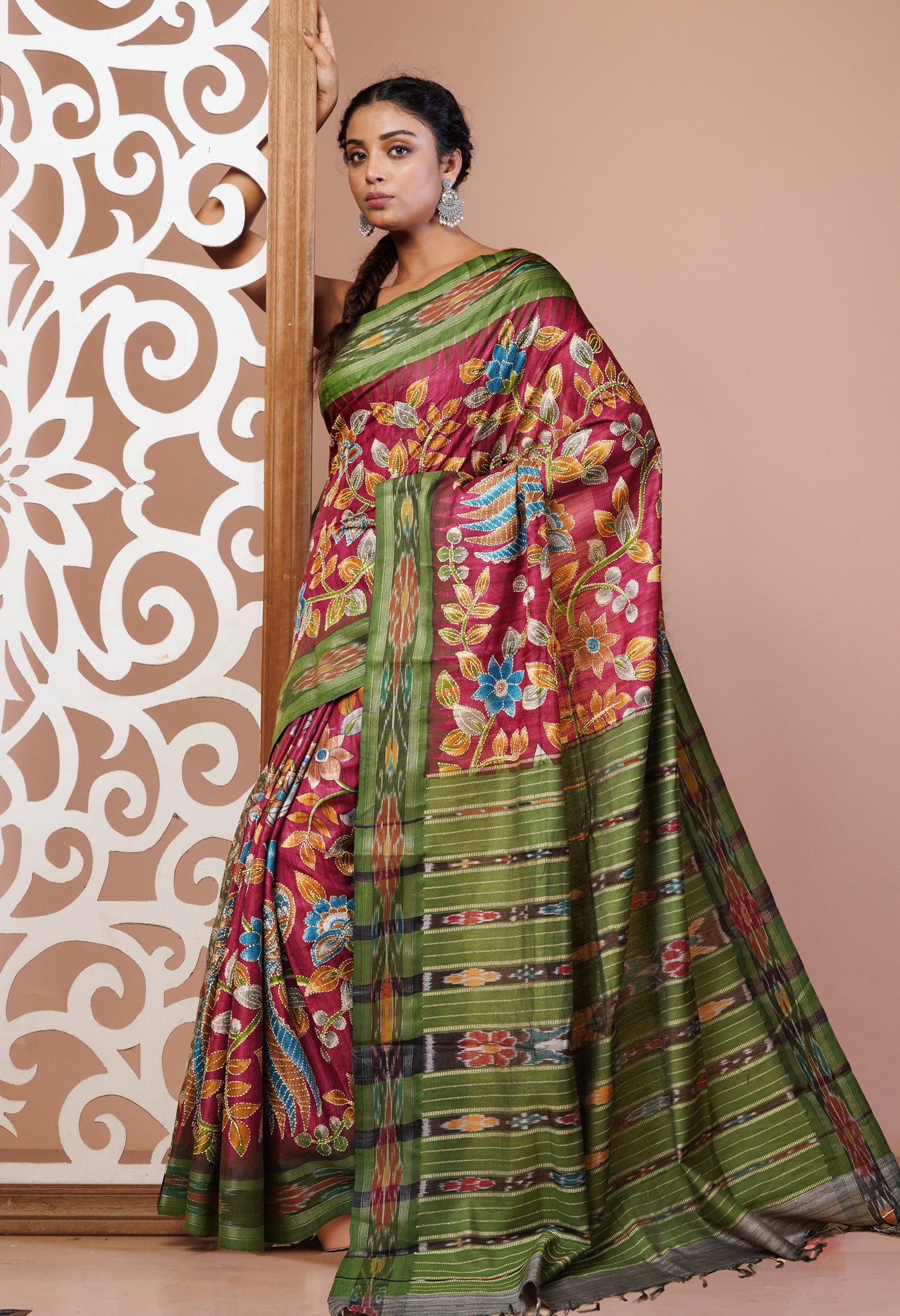 Pink Pure Handloom Block Printed With Kantha Work Vidarbha Tussar Silk Saree