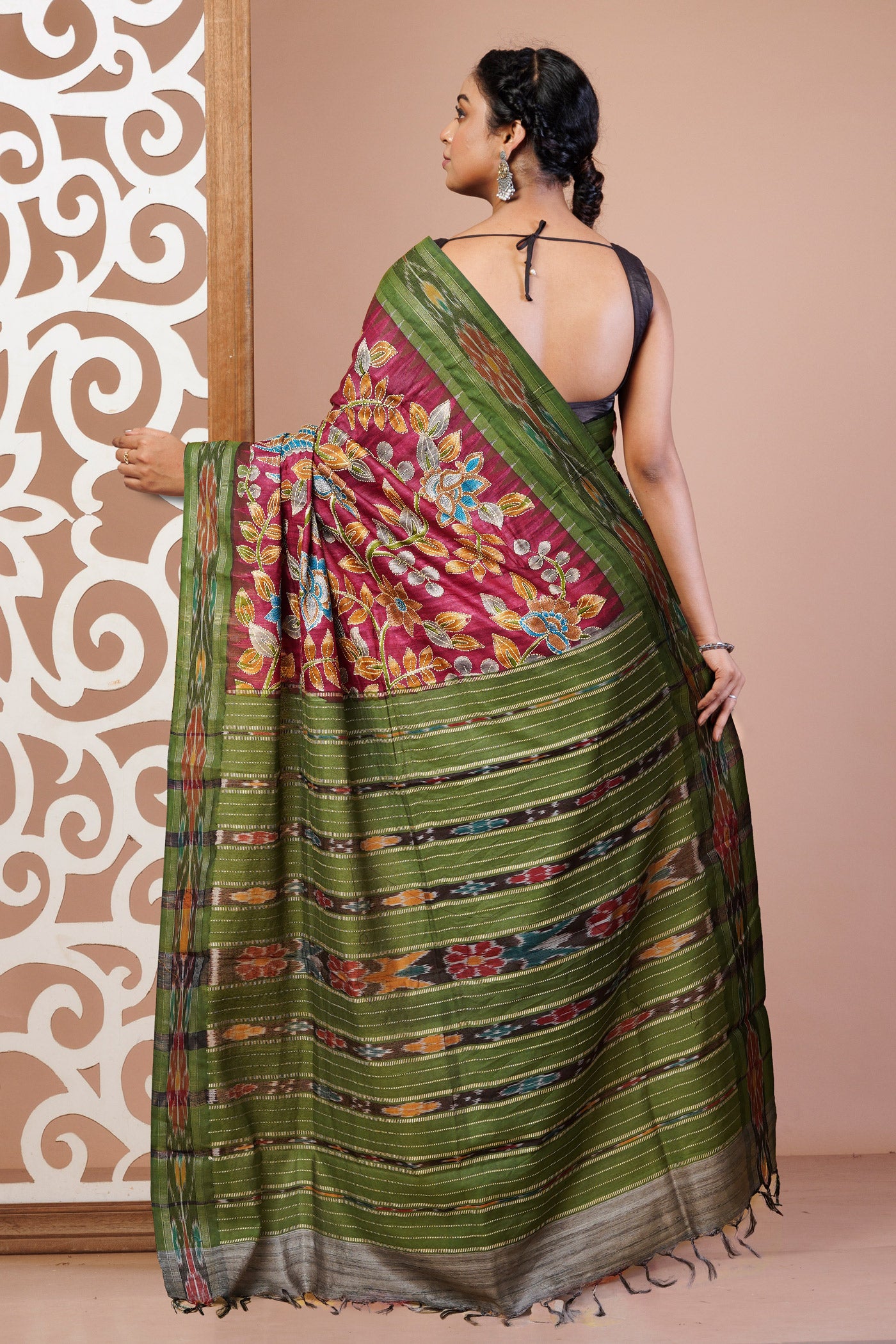 Pink Pure Handloom Block Printed With Kantha Work Vidarbha Tussar Silk Saree