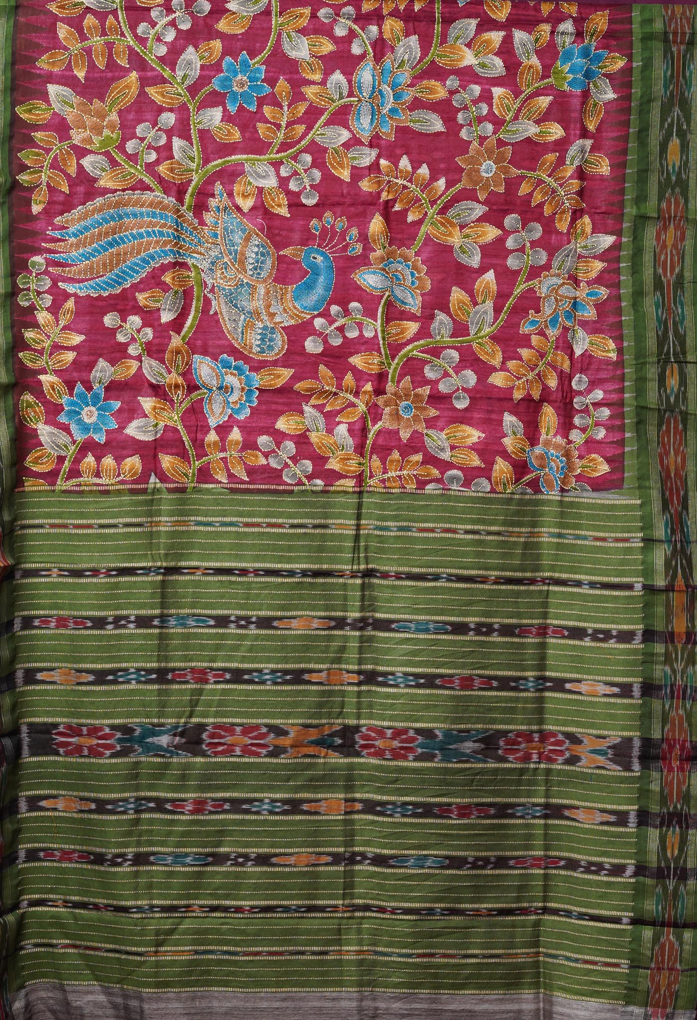 Pink Pure Handloom Block Printed With Kantha Work Vidarbha Tussar Silk Saree