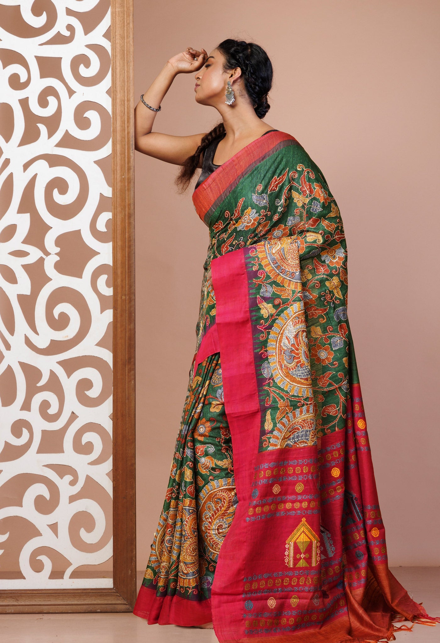 Green Pure Handloom Block Printed With Kantha Work Vidarbha Tussar Silk Saree