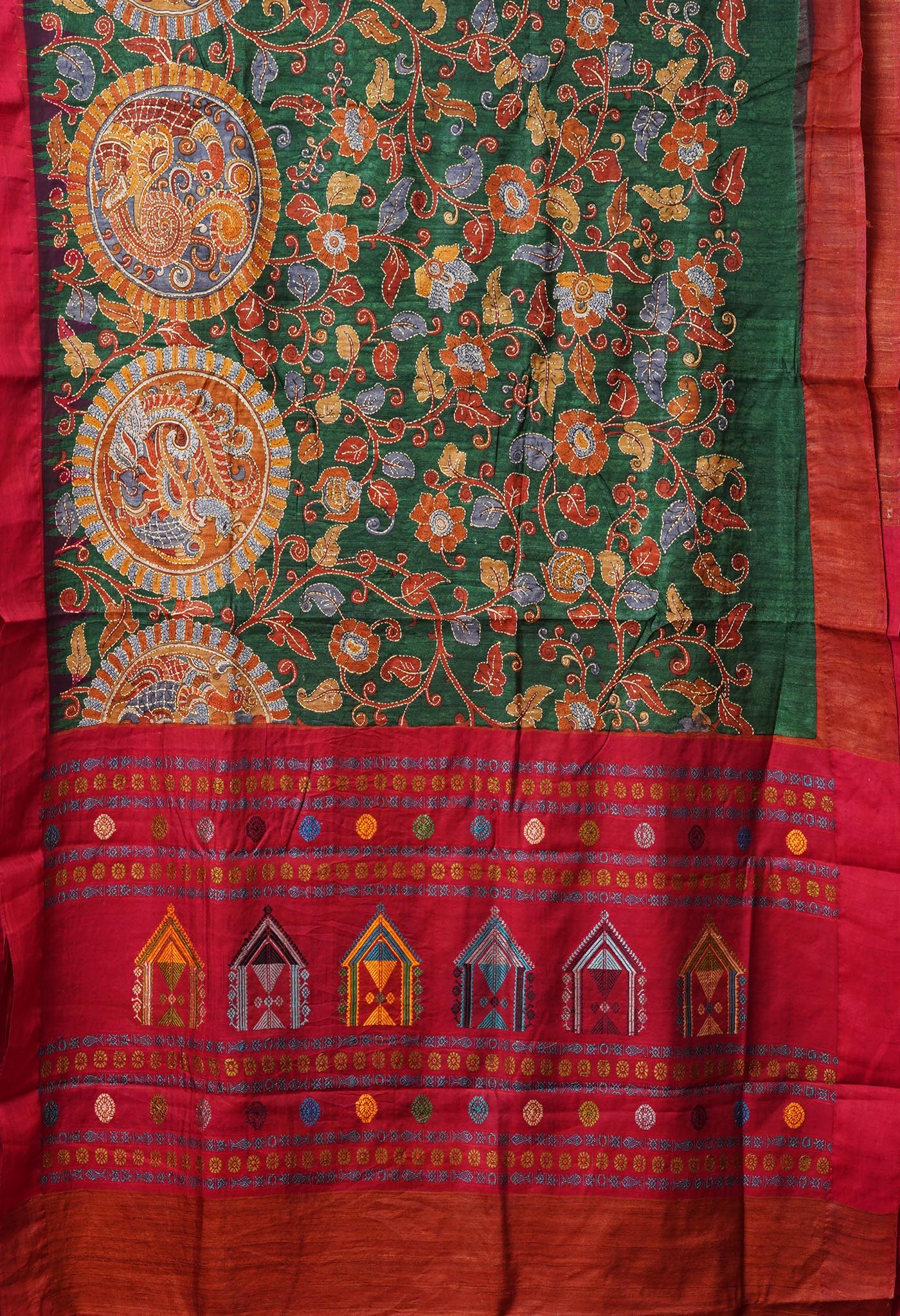 Green Pure Handloom Block Printed With Kantha Work Vidarbha Tussar Silk Saree