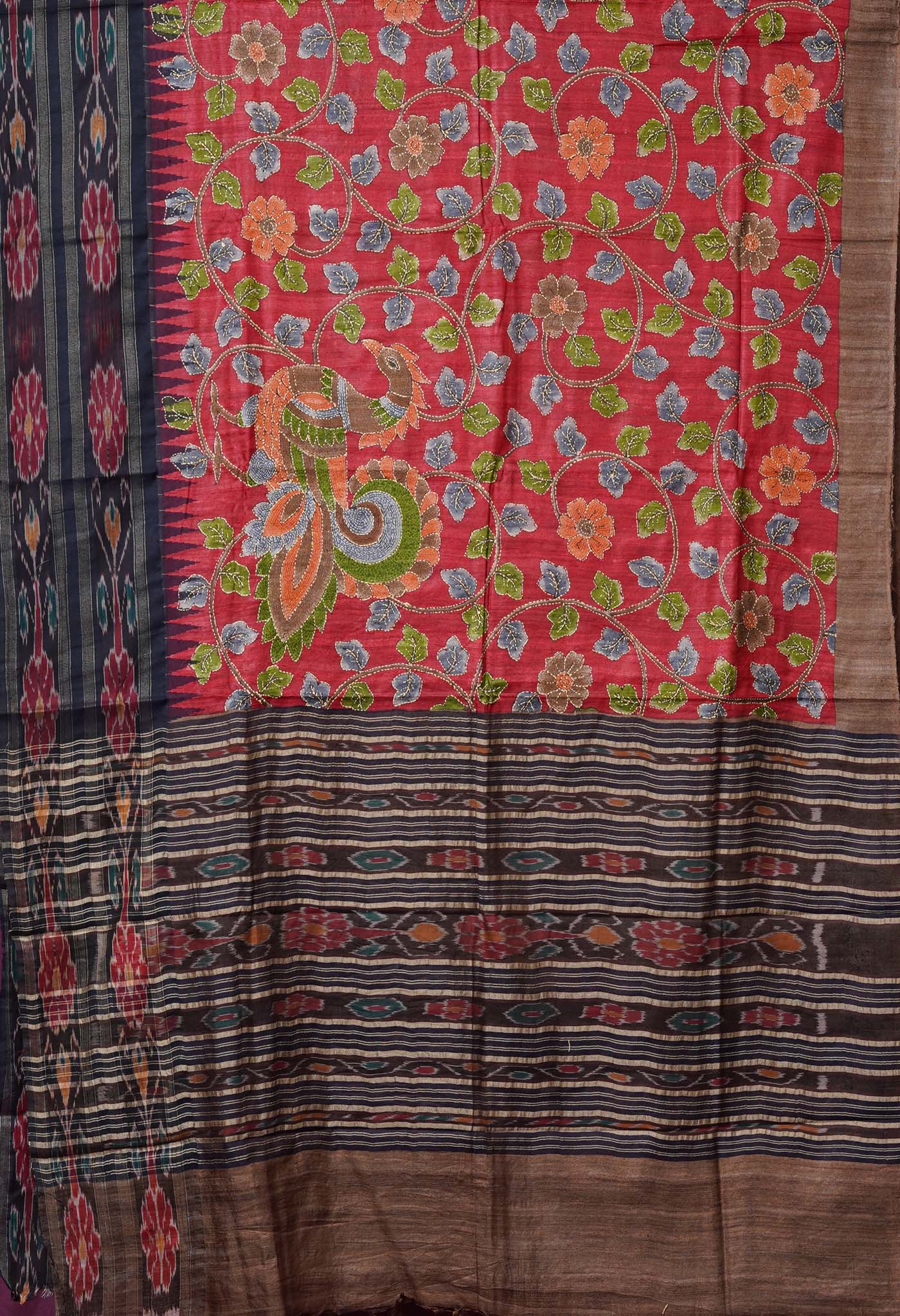 Red Pure Handloom Block Printed With Kantha Work Vidarbha Tussar Silk Saree