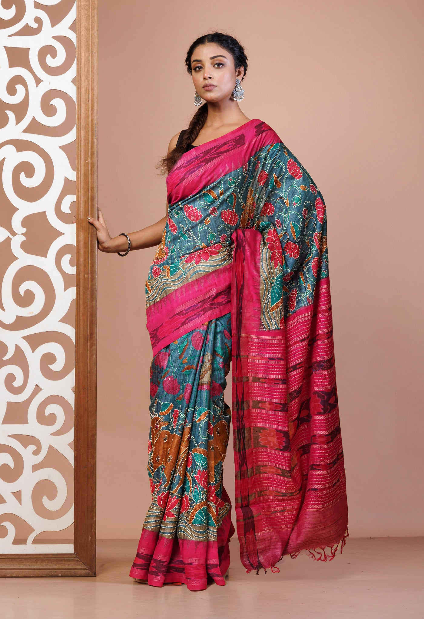 Grey Pure Handloom Block Printed With Kantha Work Vidarbha Tussar Silk Saree