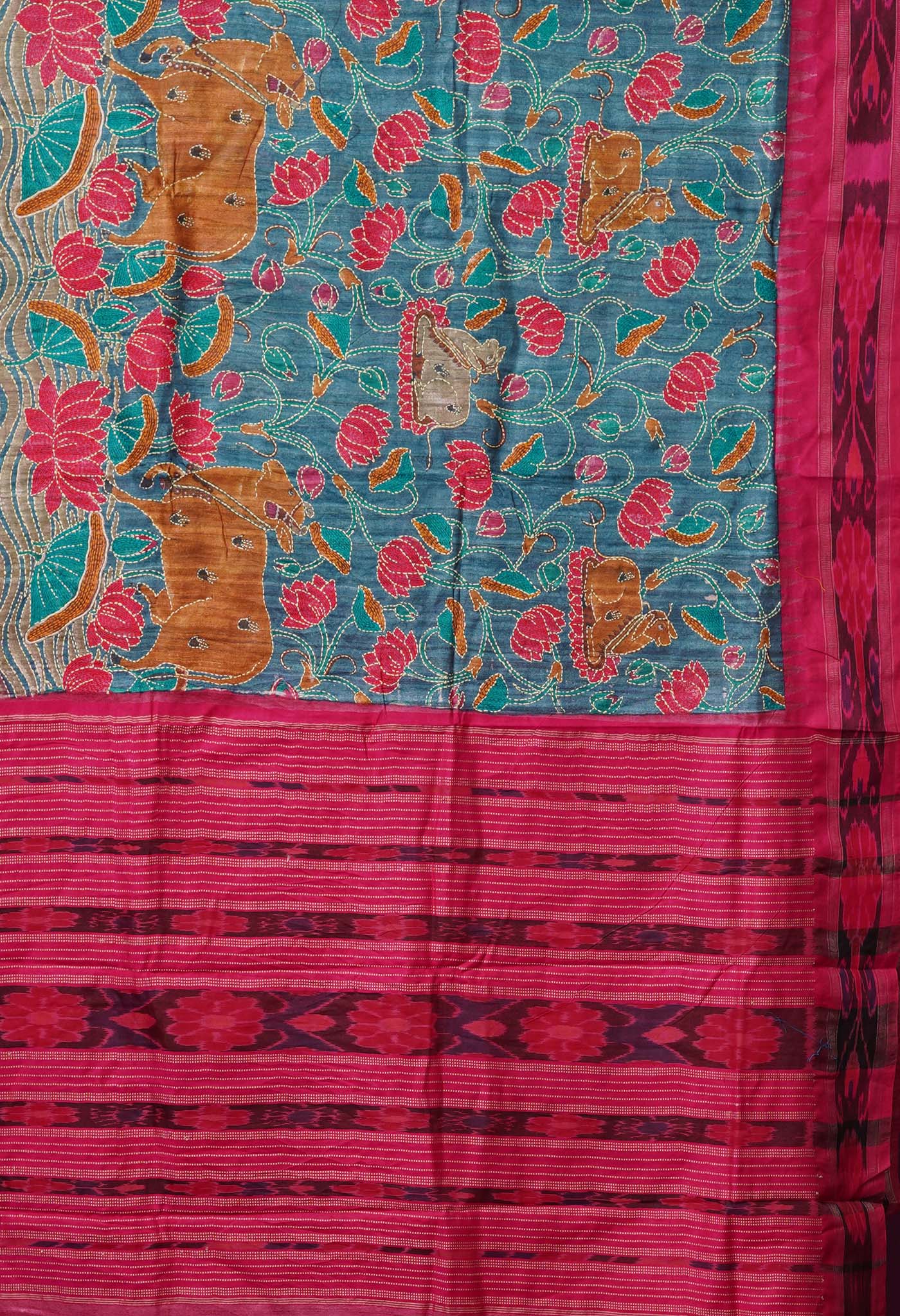 Grey Pure Handloom Block Printed With Kantha Work Vidarbha Tussar Silk Saree