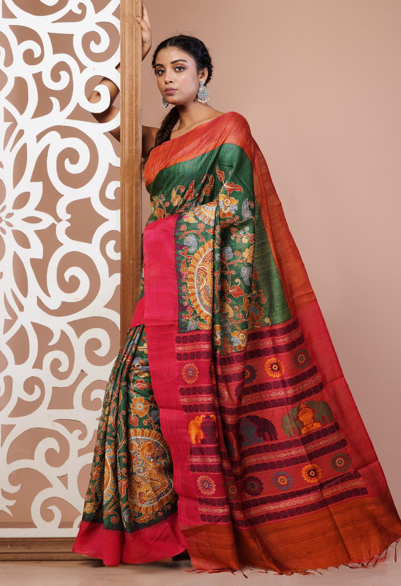 Green Pure Handloom Block Printed With Kantha Work Vidarbha Tussar Silk Saree