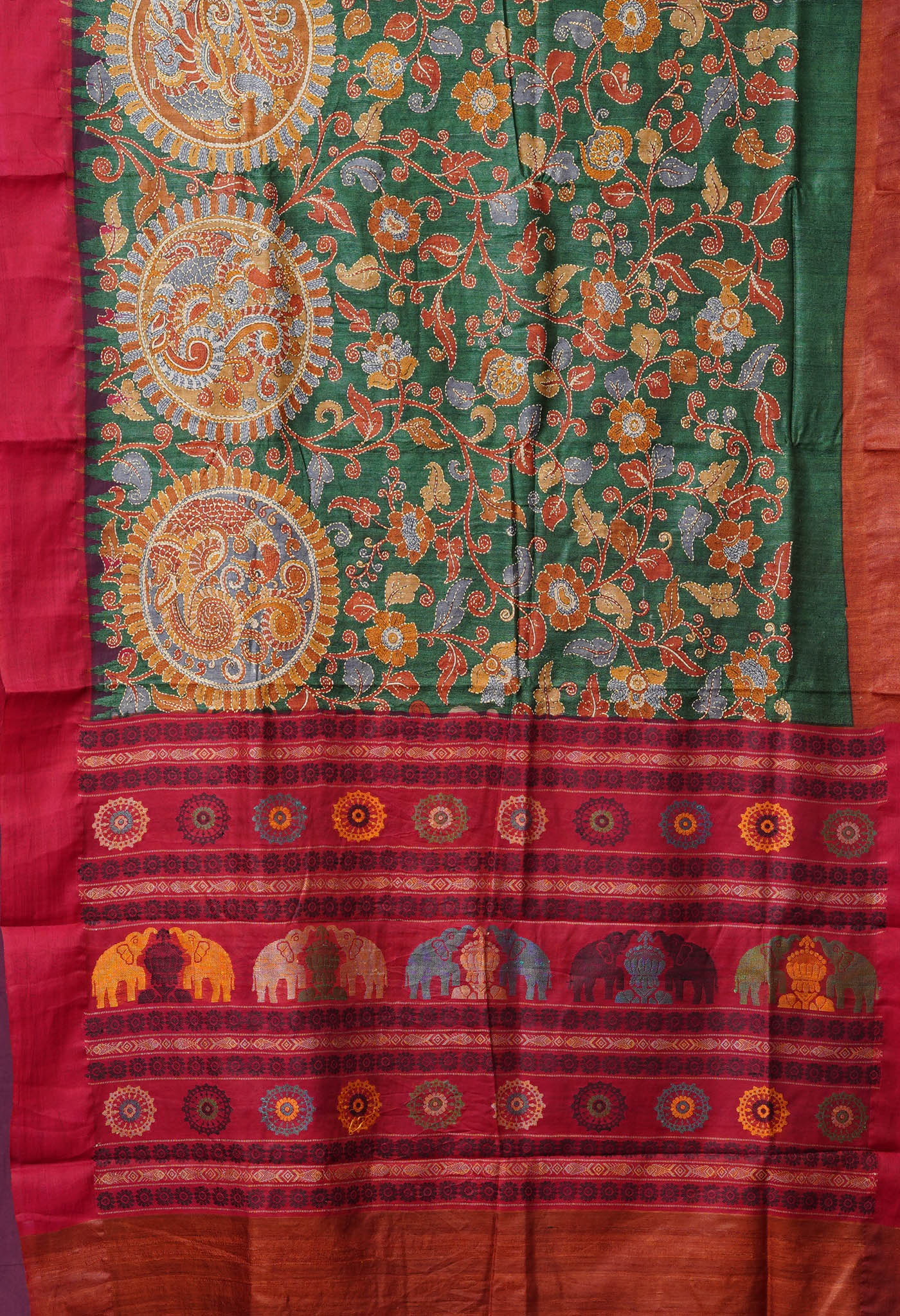 Green Pure Handloom Block Printed With Kantha Work Vidarbha Tussar Silk Saree