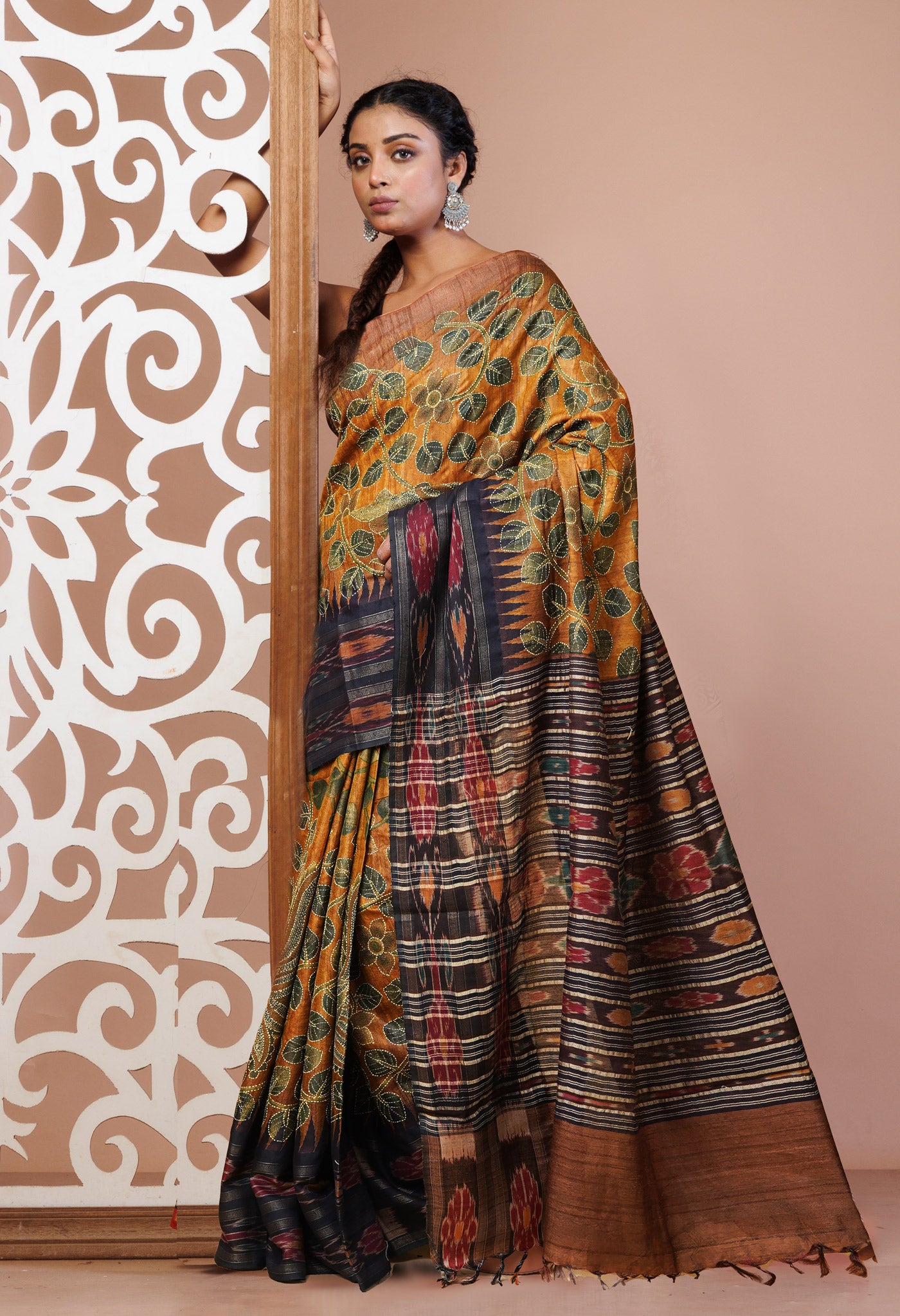 Yellow Pure Handloom Block Printed With Kantha Work Vidarbha Tussar Silk Saree