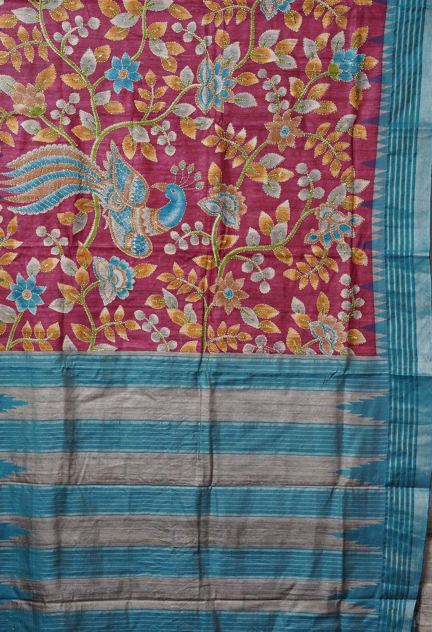 Burgundy Pure Handloom Block Printed With Kantha Work Vidarbha Tussar Silk Saree