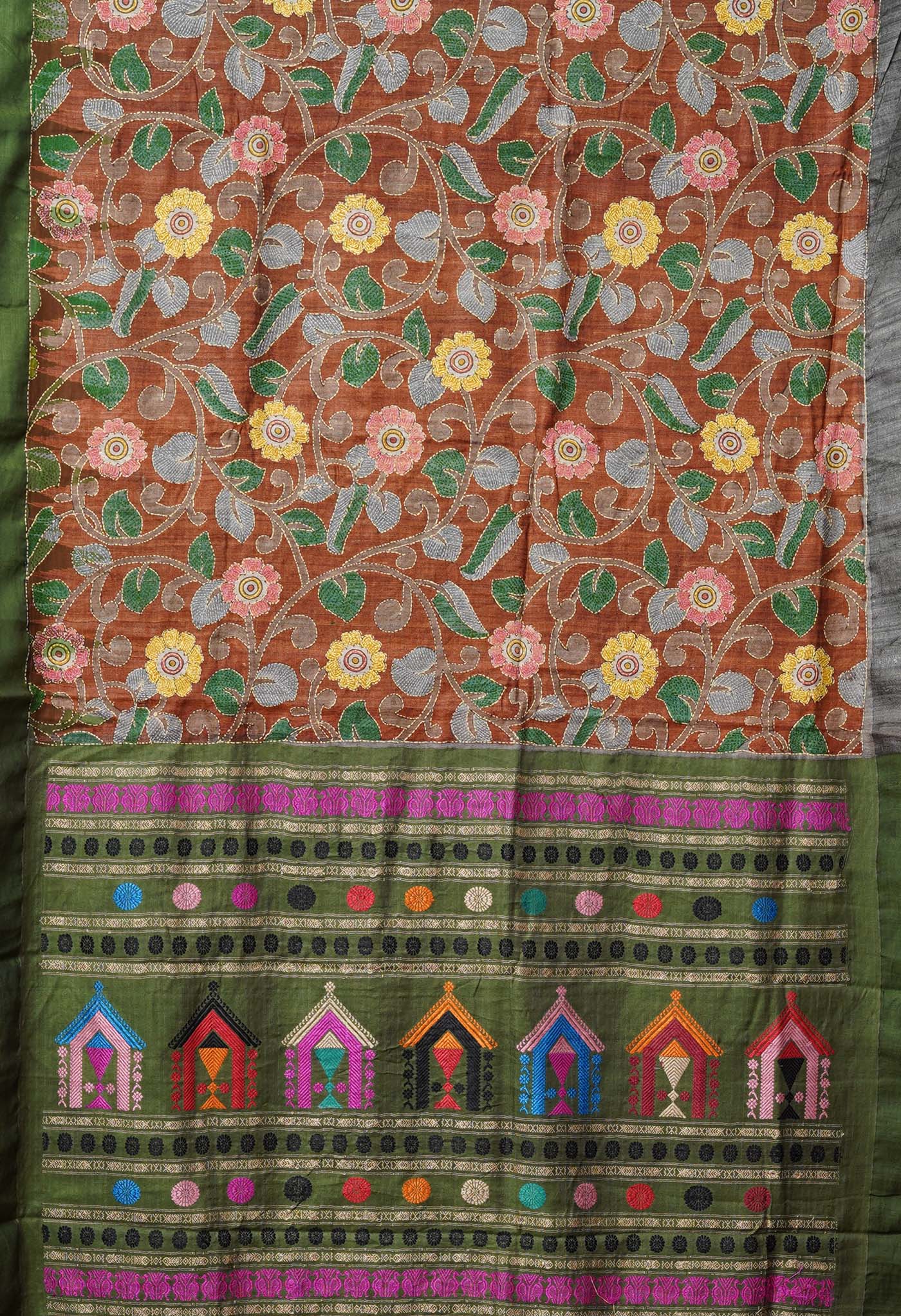 Rust Orange Pure Handloom Block Printed With Kantha Work Vidarbha Tussar Silk Saree