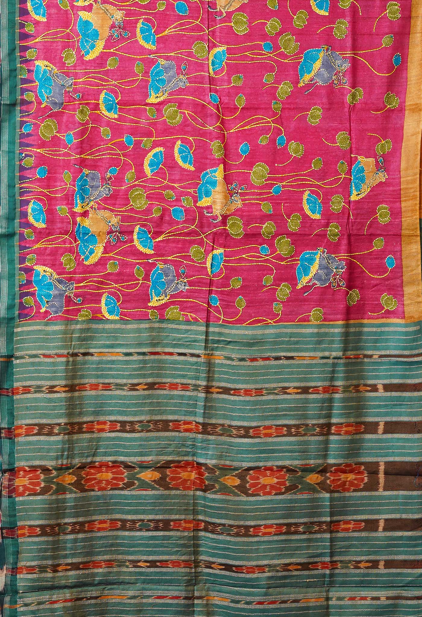 Pink Pure Handloom Block Printed With Kantha Work Vidarbha Tussar Silk Saree