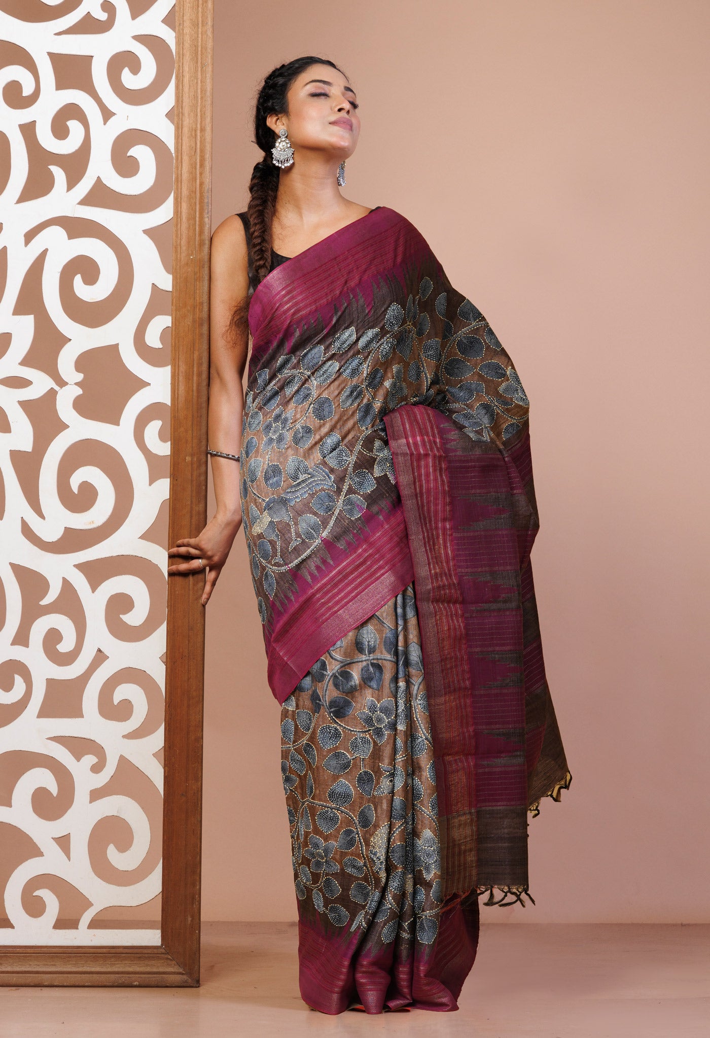Brown Pure Handloom Block Printed With Kantha Work Vidarbha Tussar Silk Saree