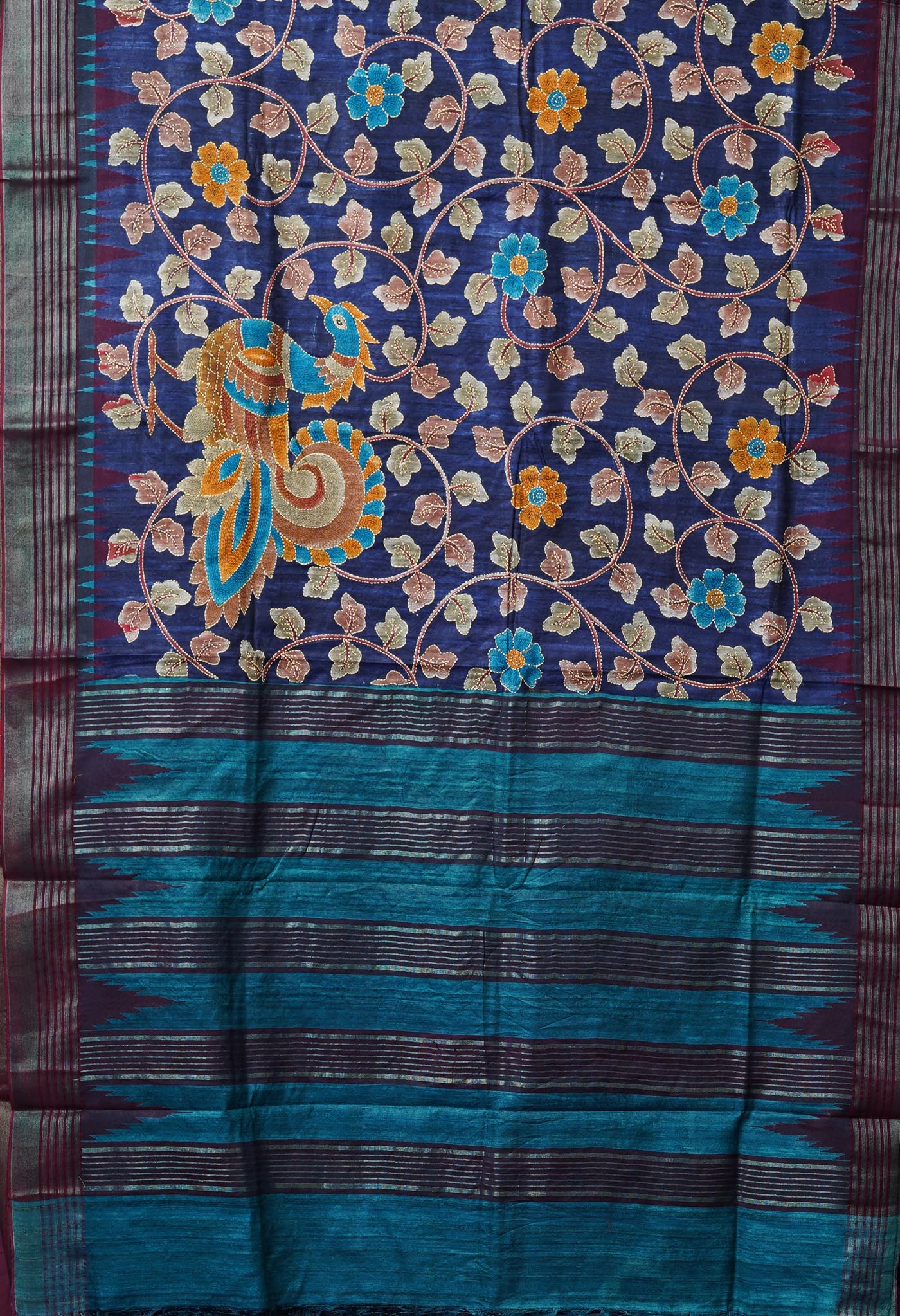 Blue Pure Handloom Block Printed With Kantha Work Vidarbha Tussar Silk Saree