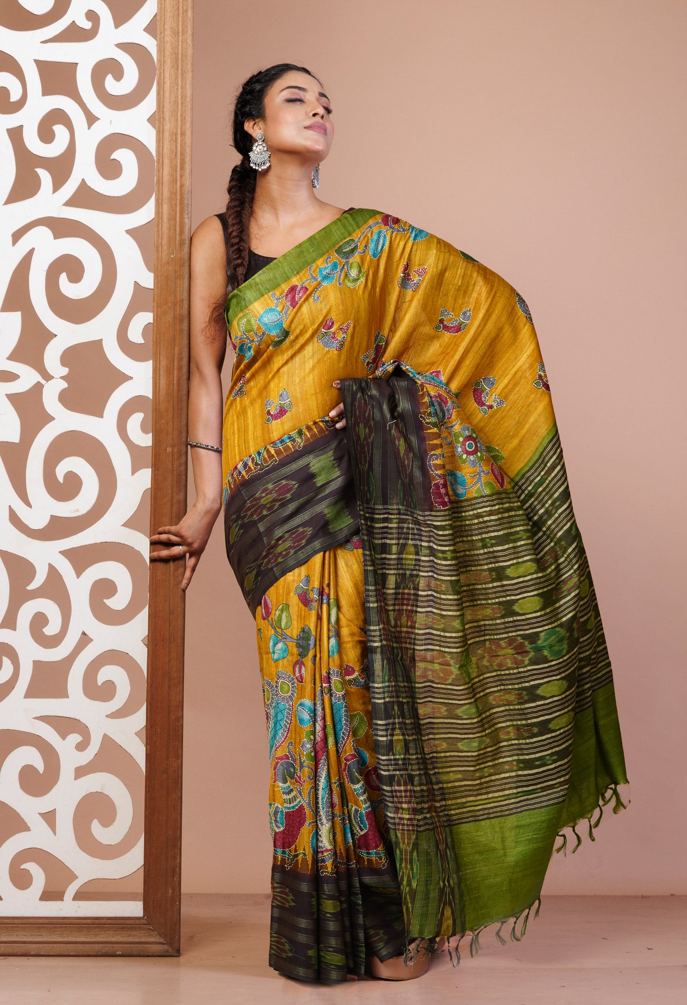 Yellow Pure Handloom Block Printed With Kantha Work Vidarbha Tussar Silk Saree