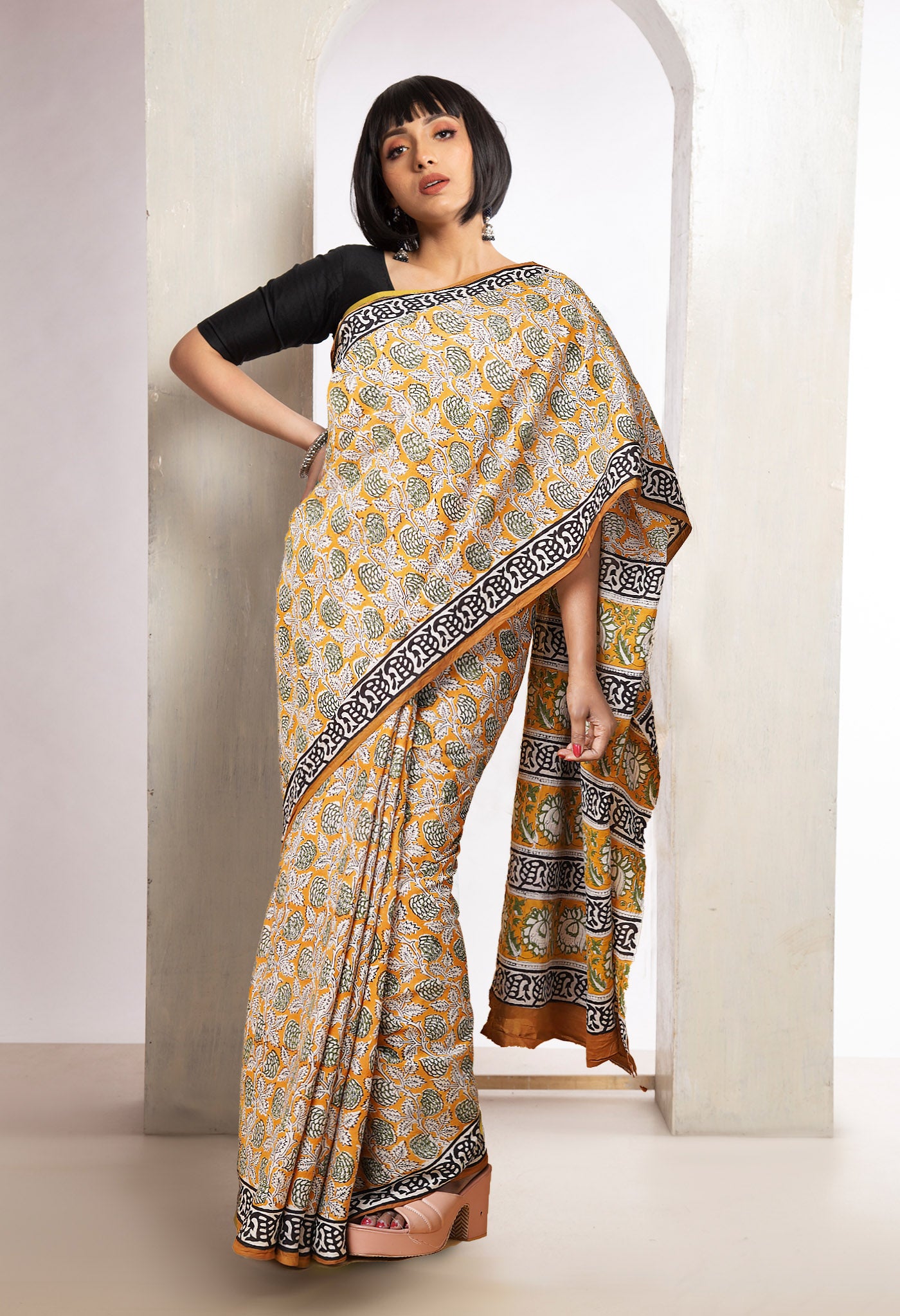 Yellow Pure Bagru Printed Soft Cotton Saree-UNM78049