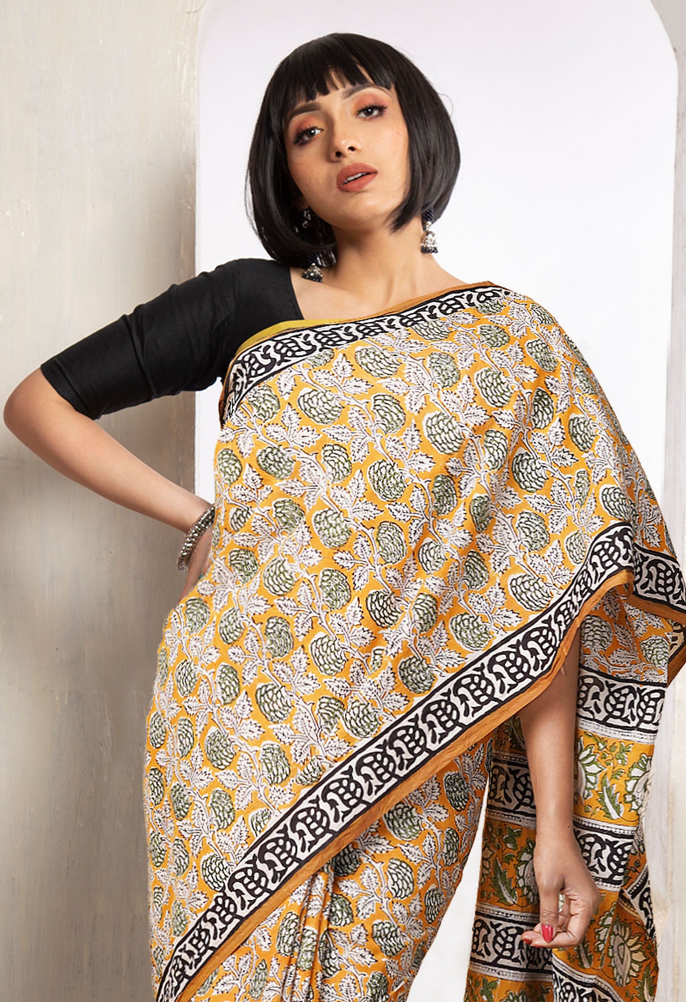 Yellow Pure Bagru Printed Soft Cotton Saree-UNM78049