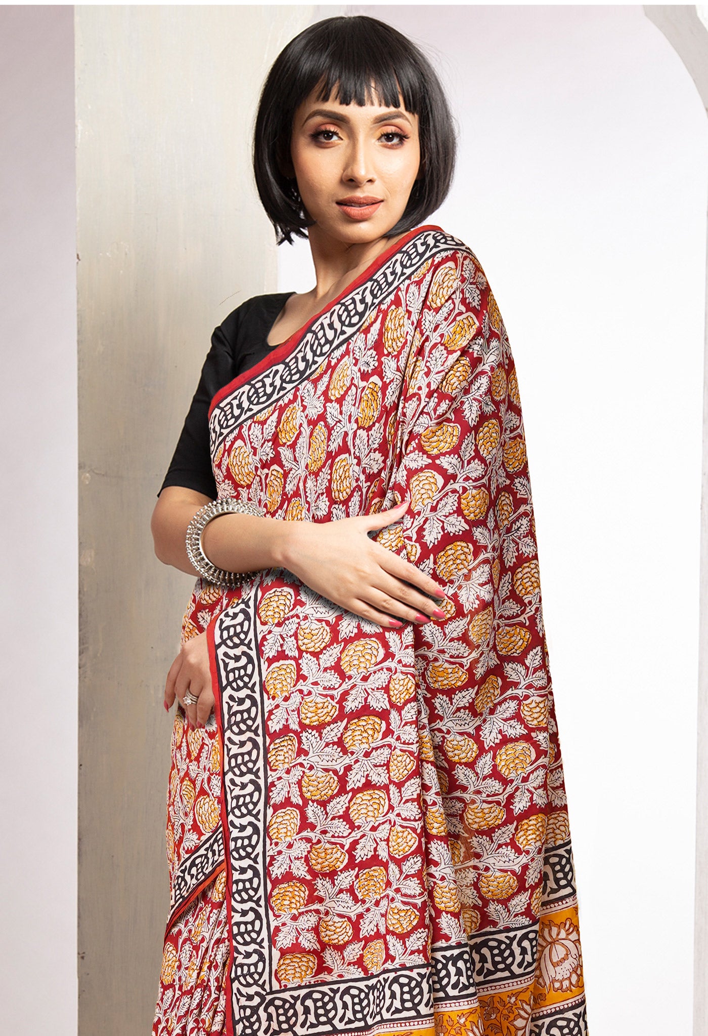 Red Pure Bagru Printed Soft Cotton Saree-UNM78051