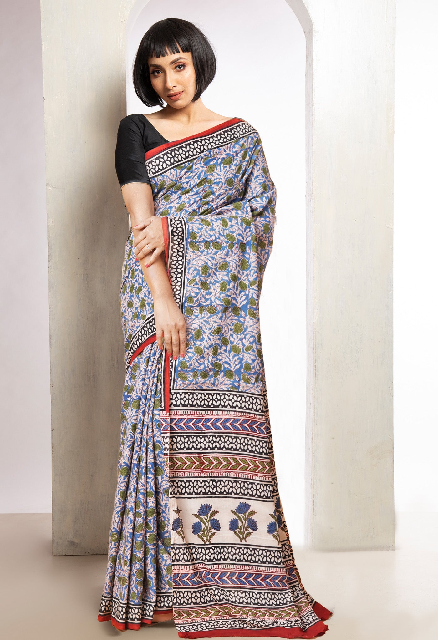 Green Pure Bagru Printed Soft Cotton Saree-UNM78086