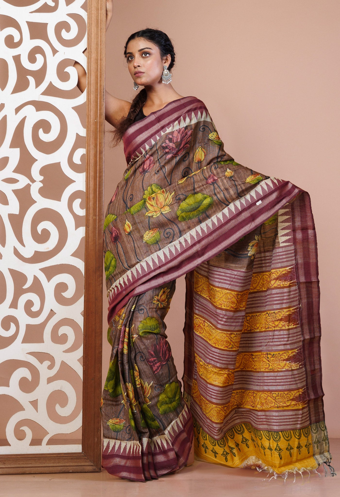 Brown Pure Handloom Printed Vidarbha Tussar Silk Saree