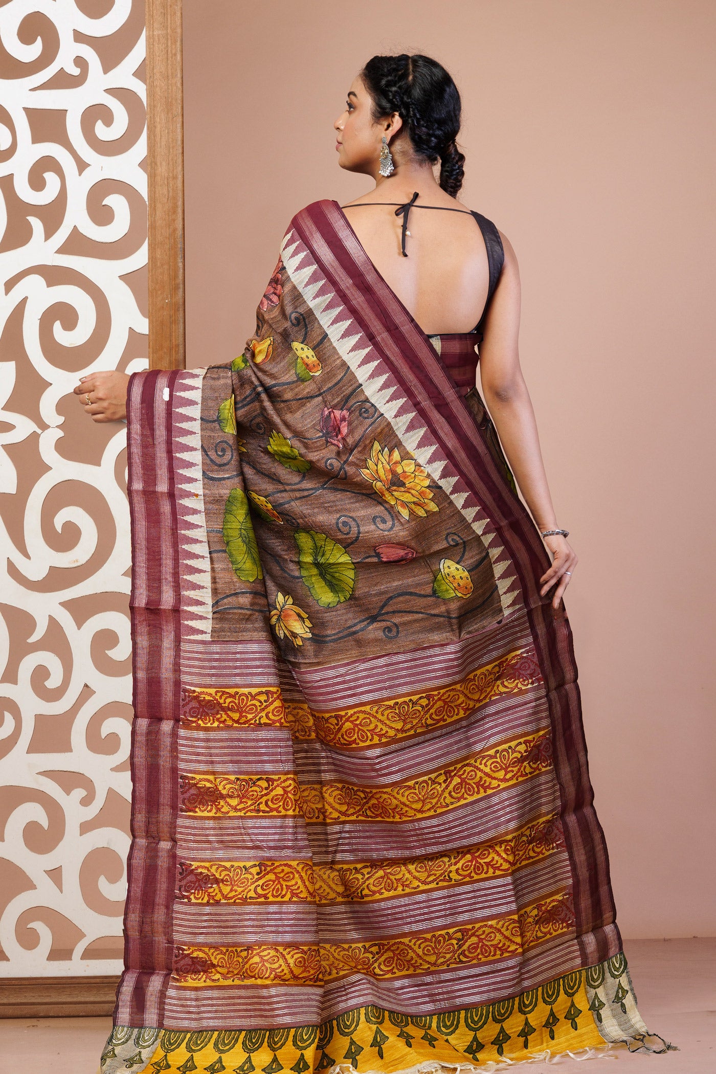 Brown Pure Handloom Printed Vidarbha Tussar Silk Saree
