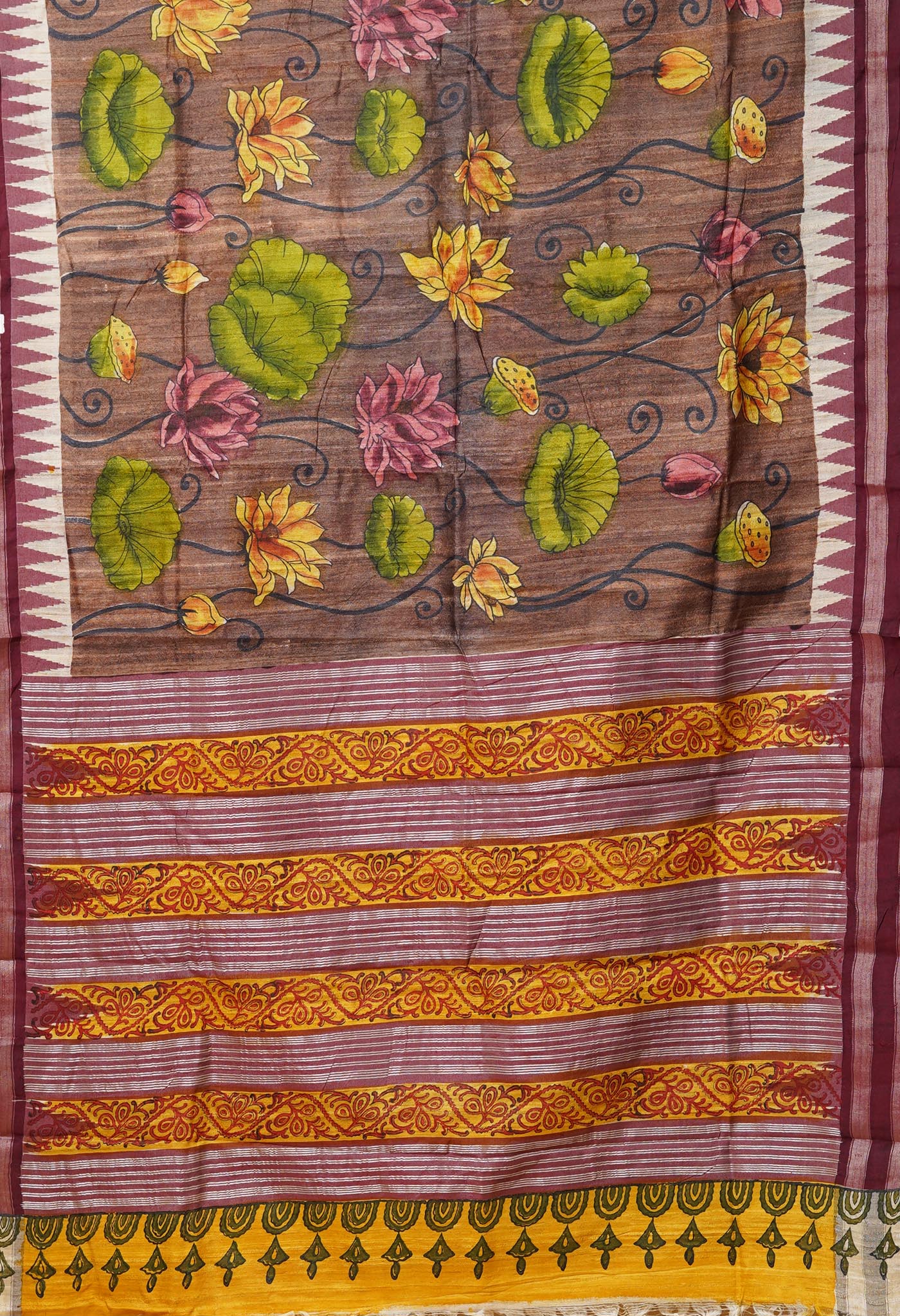 Brown Pure Handloom Printed Vidarbha Tussar Silk Saree