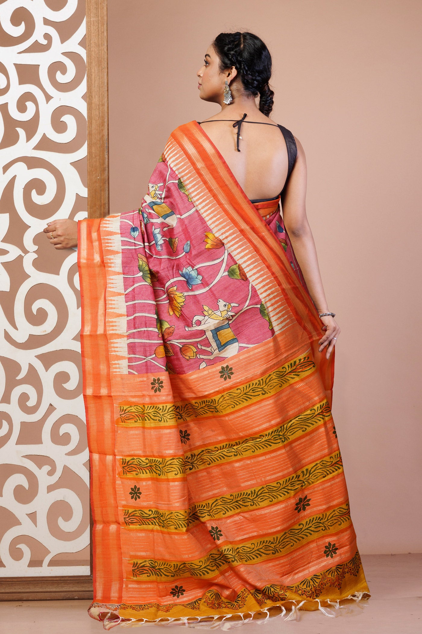 Pink Pure Handloom Printed Vidarbha Tussar Silk Saree
