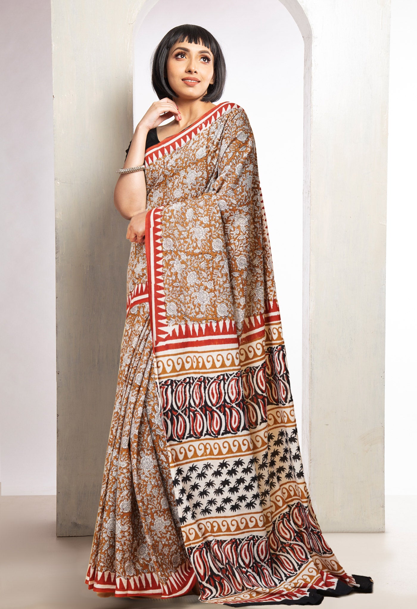 Brown Pure Bagru Printed Soft Cotton Saree-UNM78119
