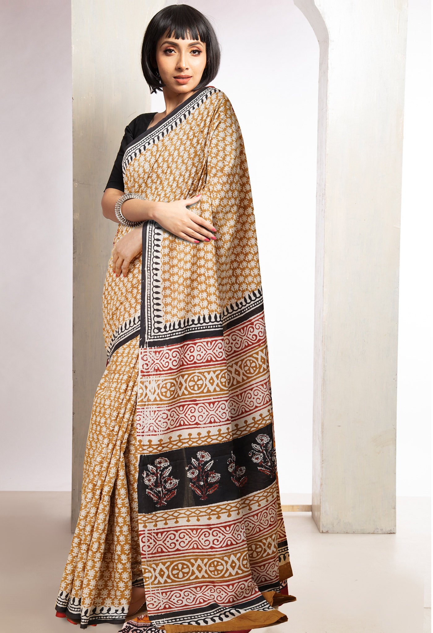 Brown Pure Bagru Printed Soft Cotton Saree-UNM78121
