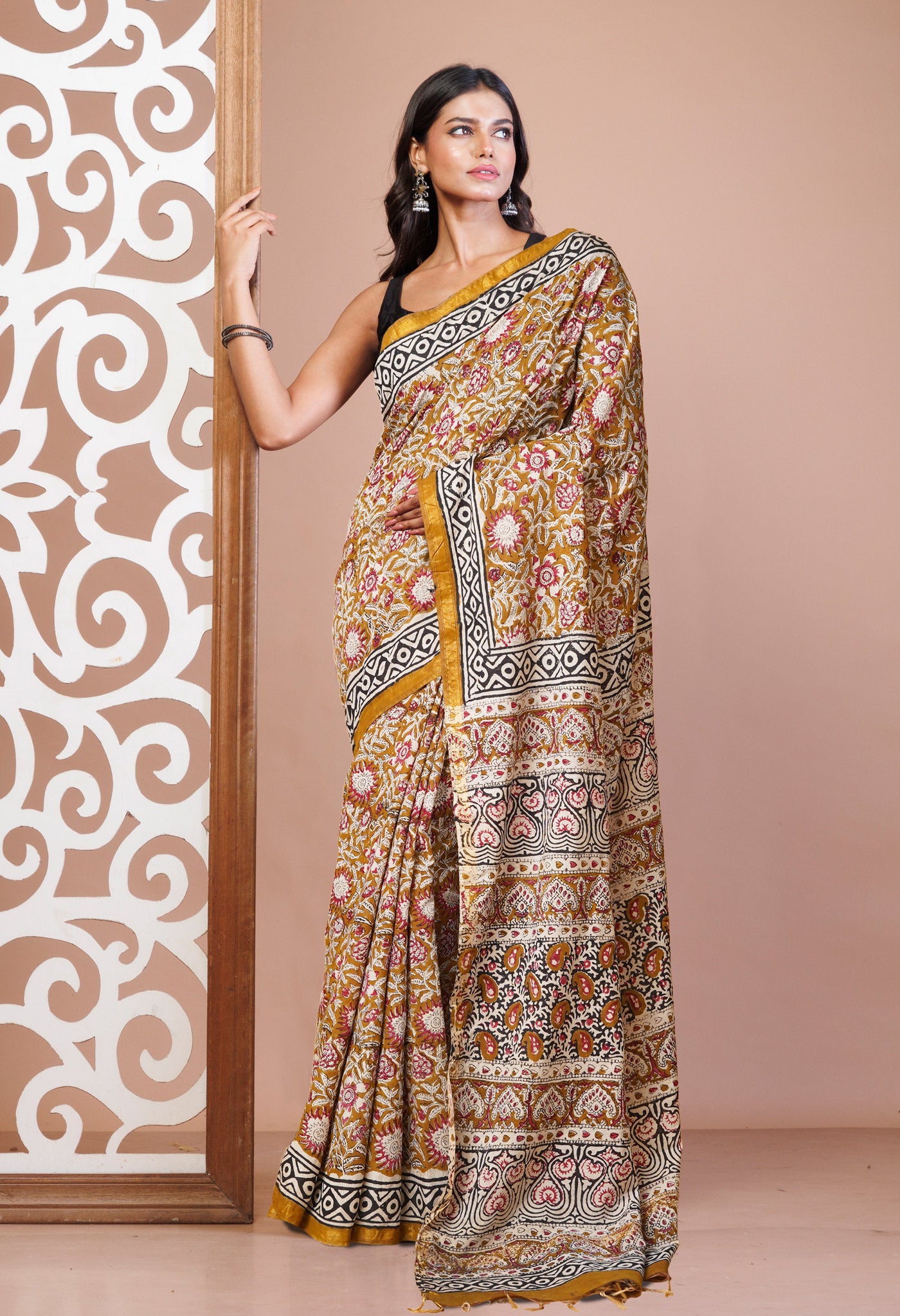 Brown Pure Bagru Printed Pashmina Sico Saree-UNM78129