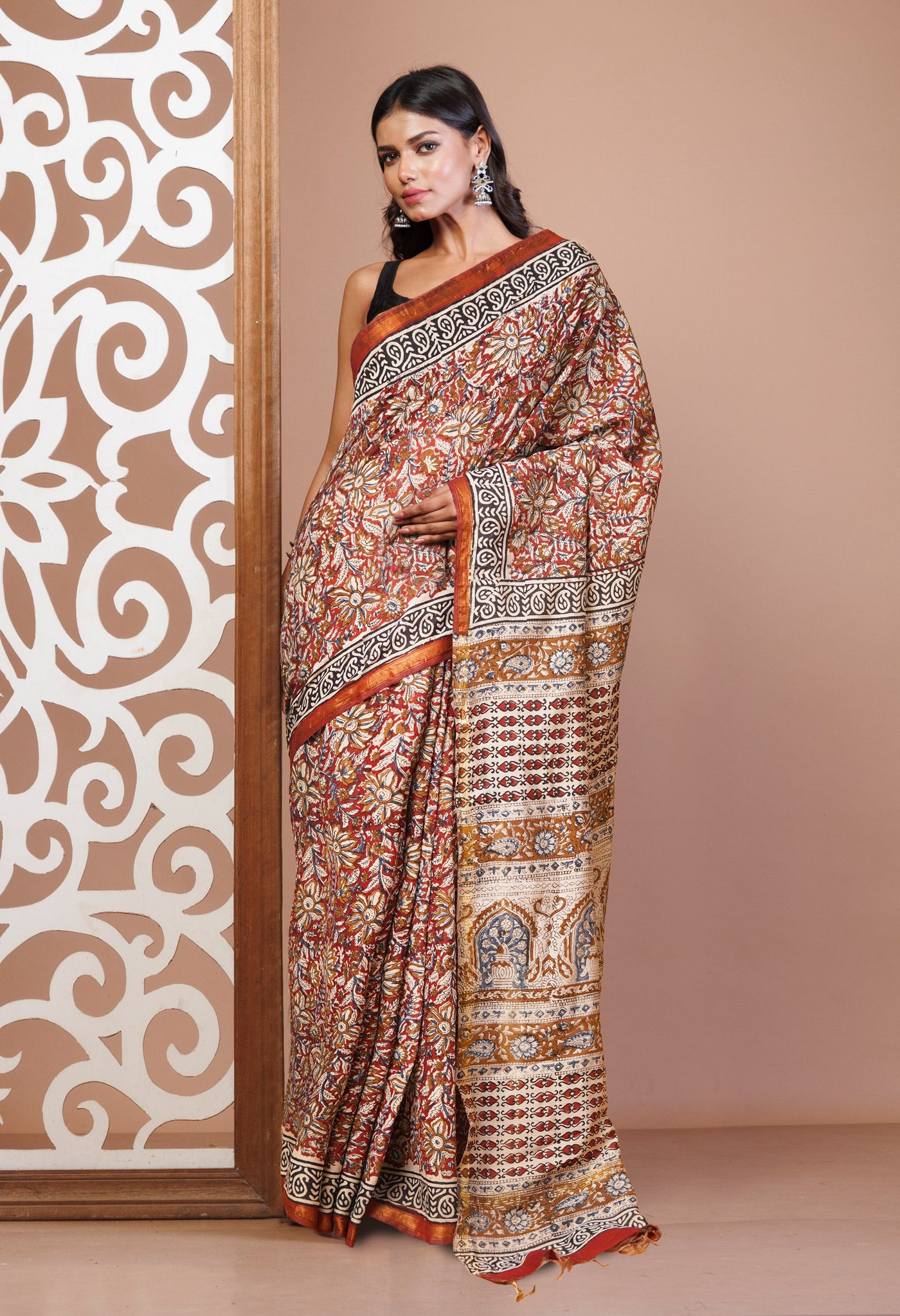 Brown Pure Bagru Printed Pashmina Sico Saree
