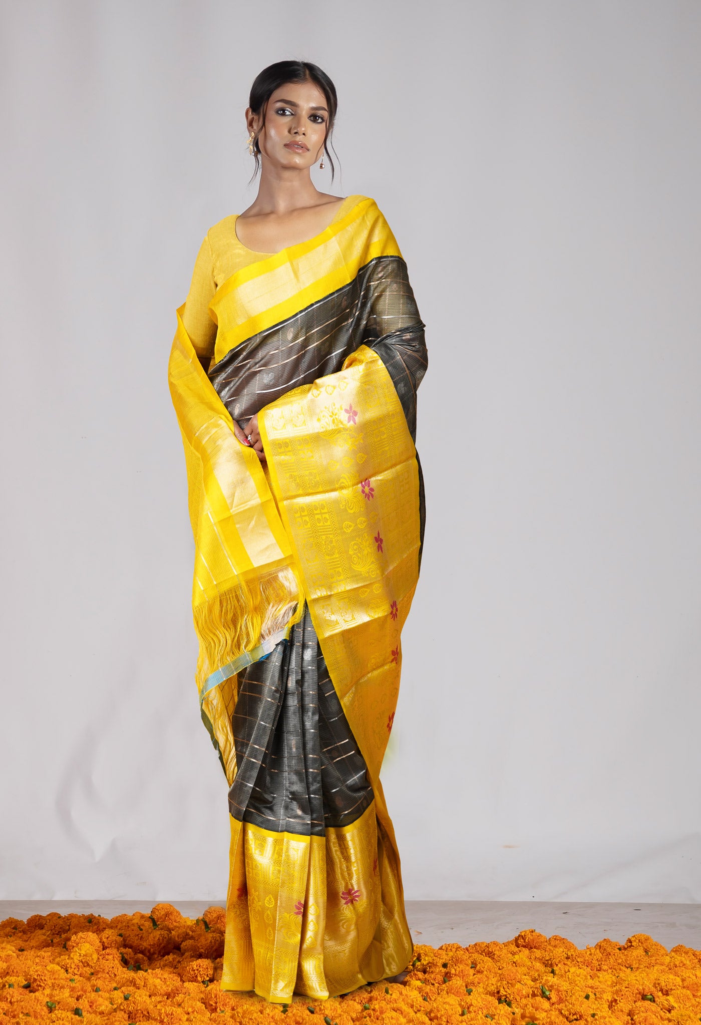Dark Green-Yellow Pure Handloom Assam Silk Saree