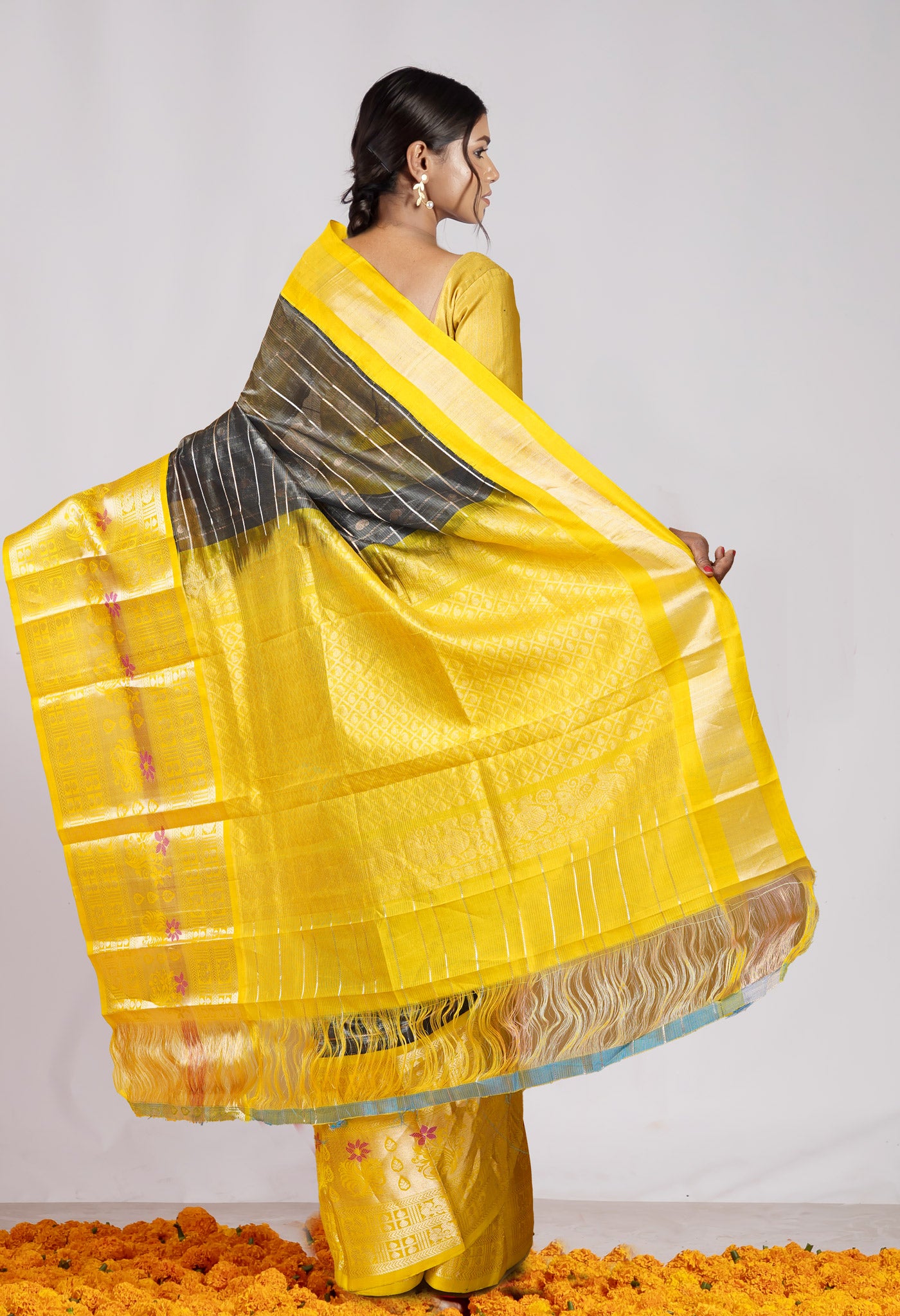 Dark Green-Yellow Pure Handloom Assam Silk Saree