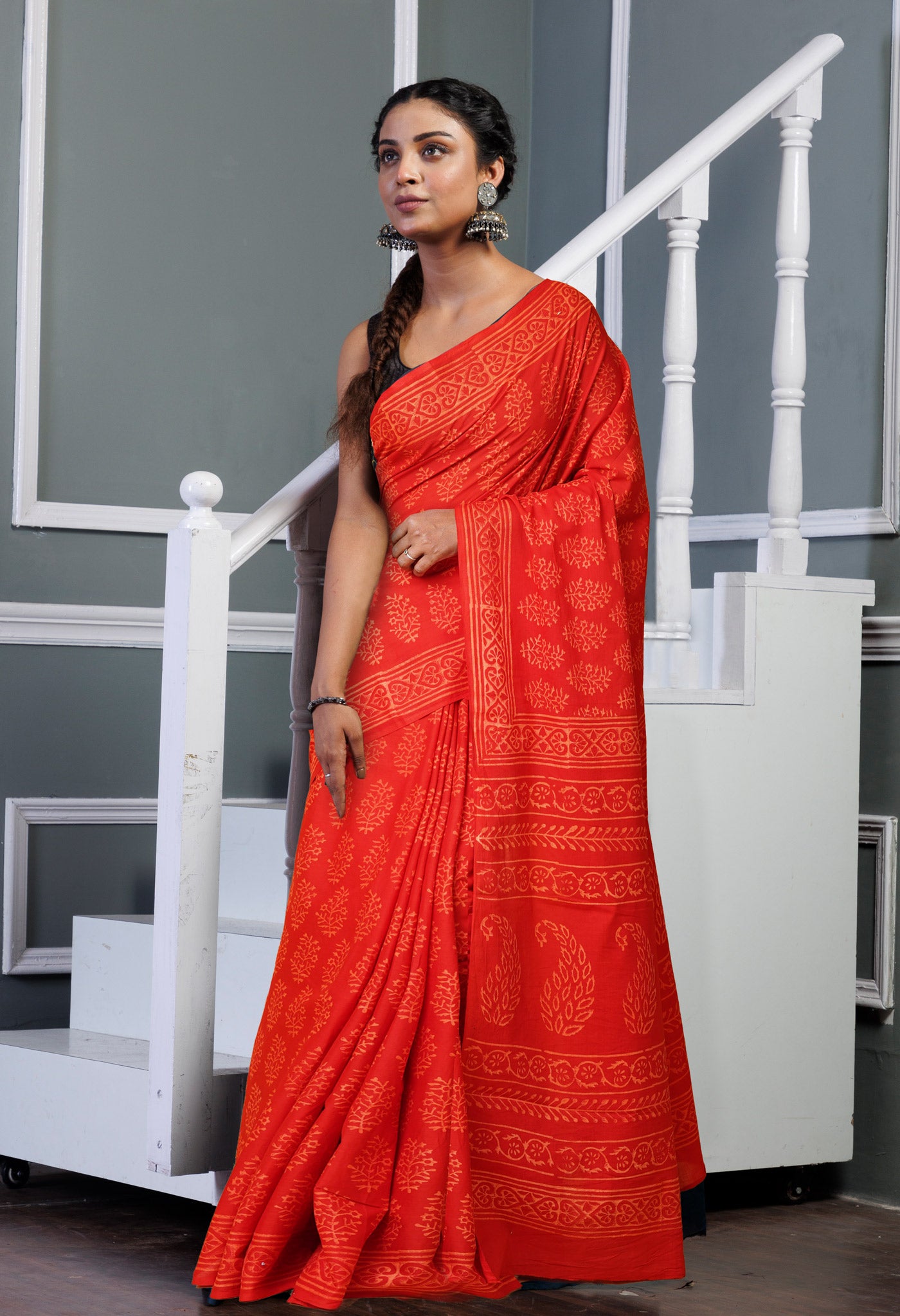 Red Pure Hand Block Printed Soft Cotton Saree