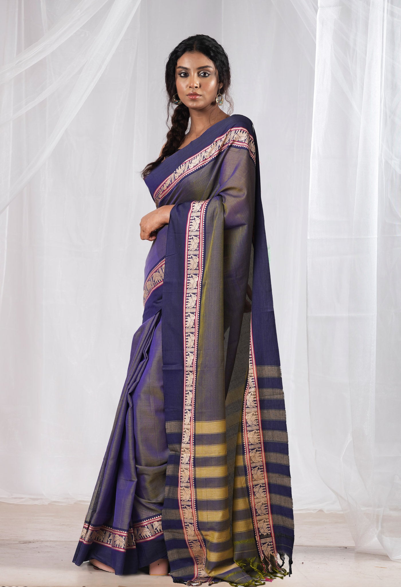 Navy Blue-Green Pure Handloom Narayani Cotton Saree