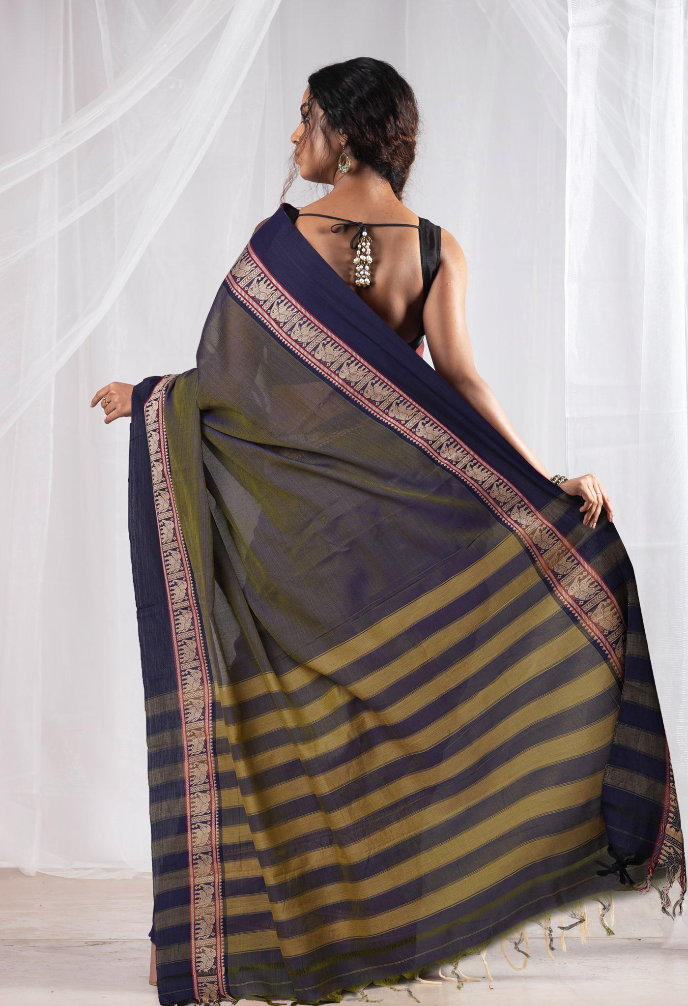 Navy Blue-Green Pure Handloom Narayani Cotton Saree
