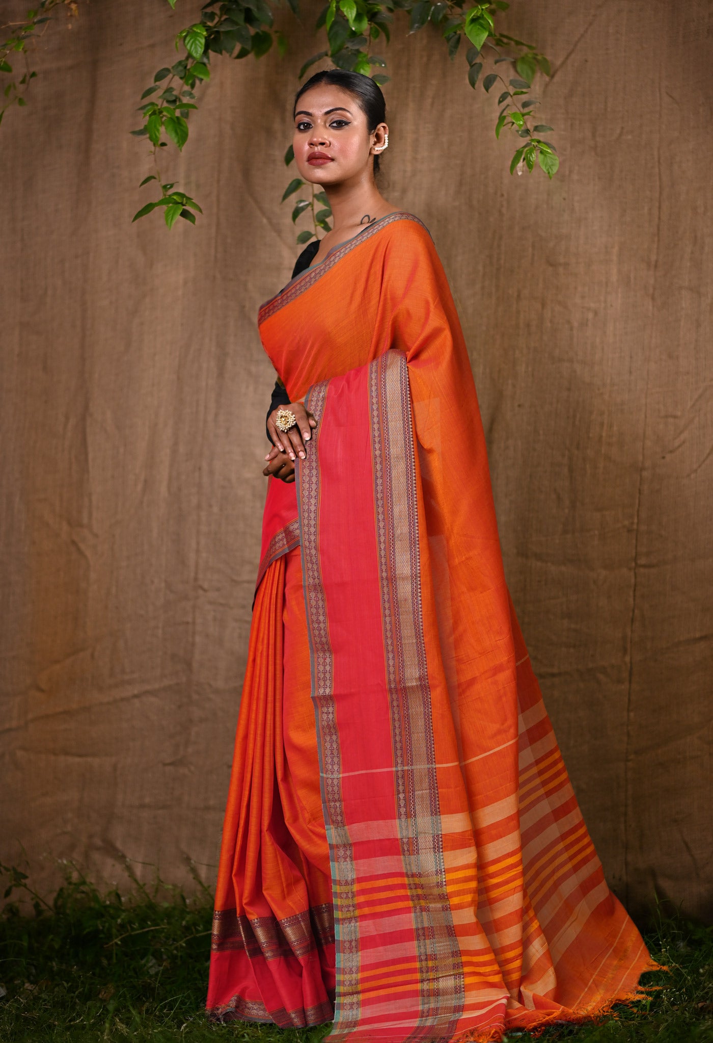 Orange-Red Pure Handloom Narayani Cotton Saree-UNM78384