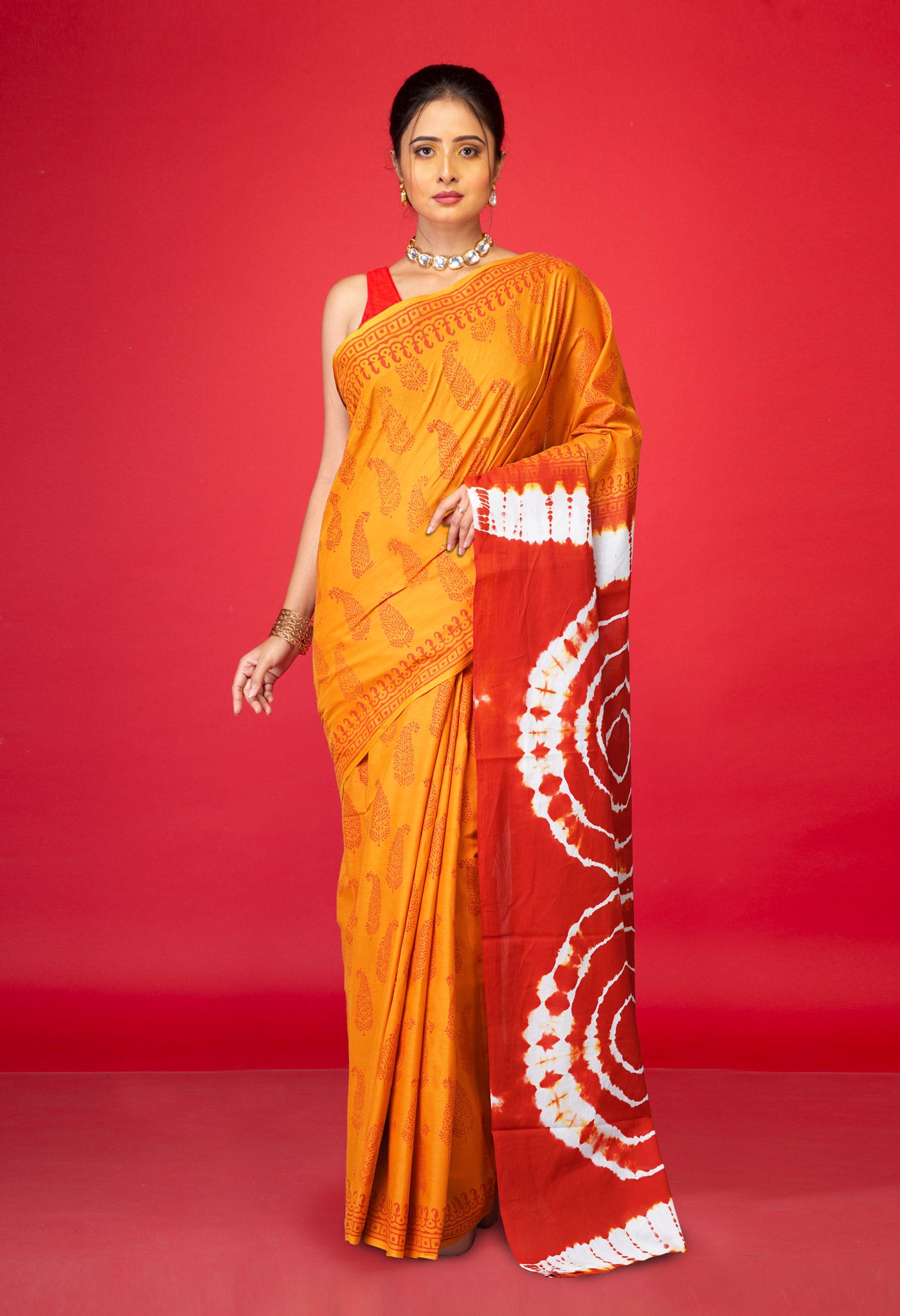 Mustard Yellow-Orange Pure Tie And Dye Shibori Block Printed Soft Cotton Saree-UNM78459