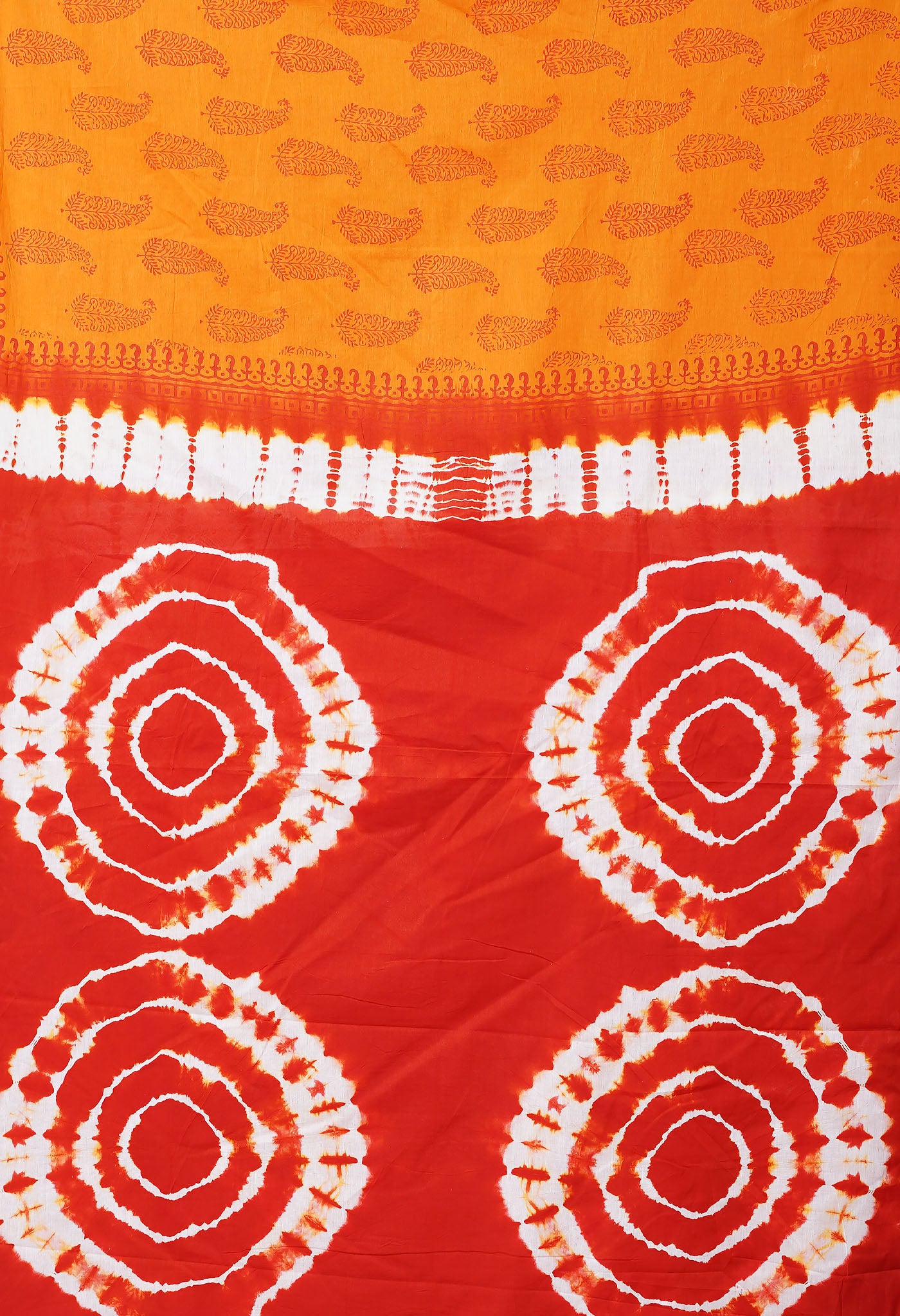 Mustard Yellow-Orange Pure Tie And Dye Shibori Block Printed Soft Cotton Saree-UNM78459