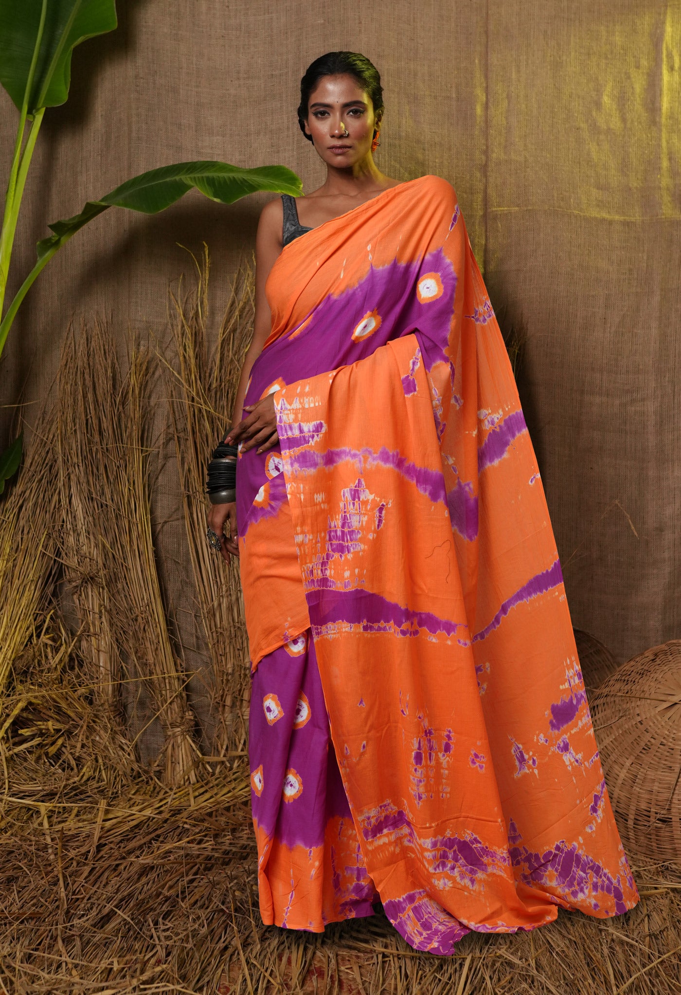Purple-Orange Pure Tie And Dye Shibori Bandhani Printed Soft Cotton Saree-UNM78504