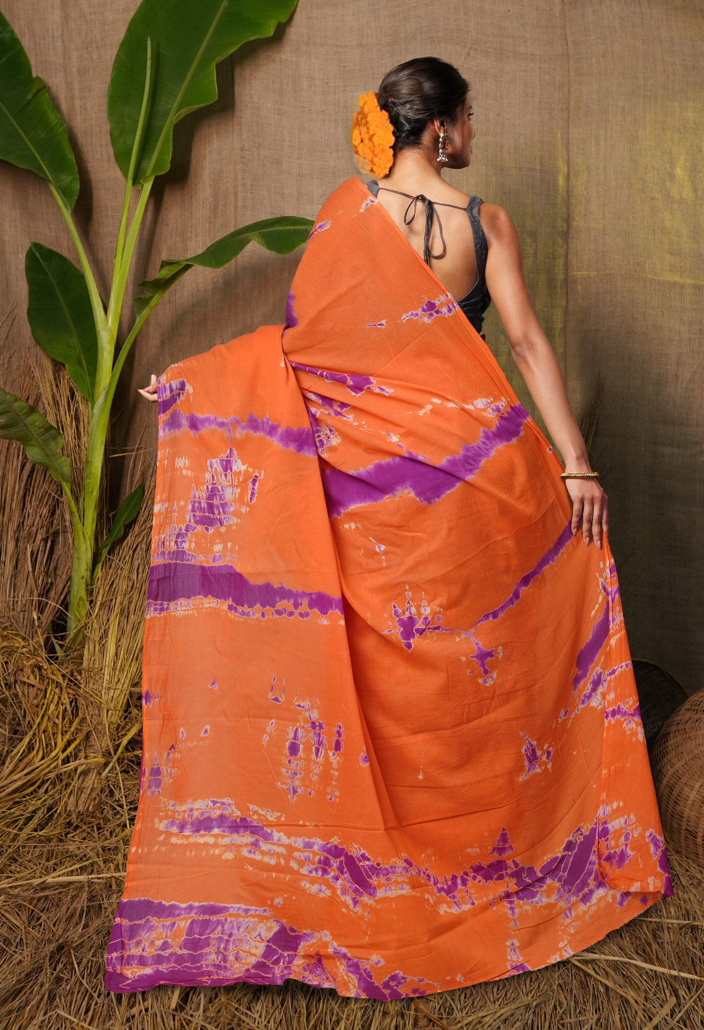 Purple-Orange Pure Tie And Dye Shibori Bandhani Printed Soft Cotton Saree-UNM78504