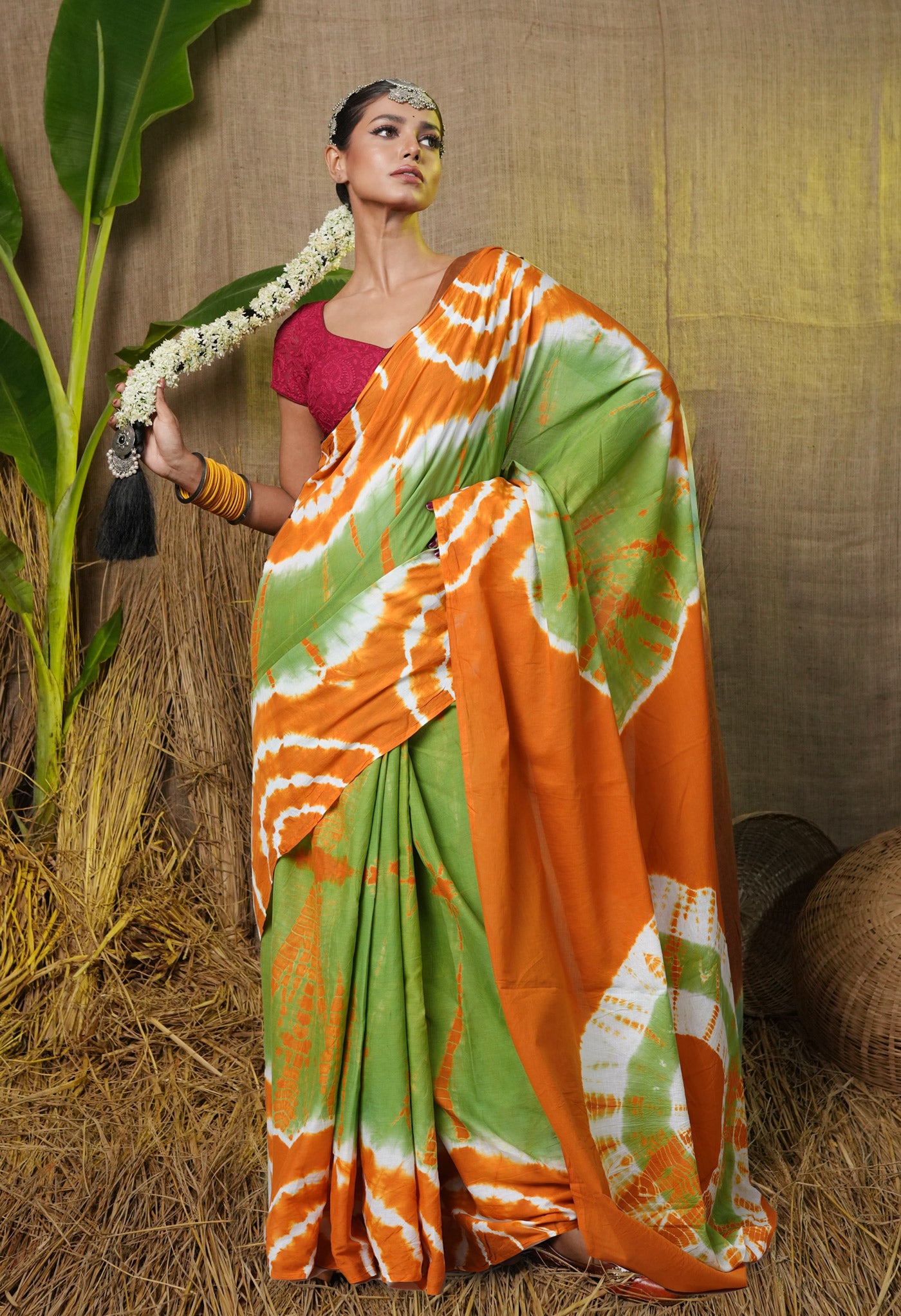 Green-Orange Pure Tie And Dye Shibori Printed Soft Cotton Saree