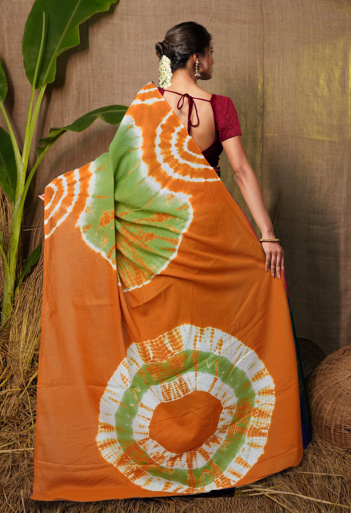 Green-Orange Pure Tie And Dye Shibori Printed Soft Cotton Saree